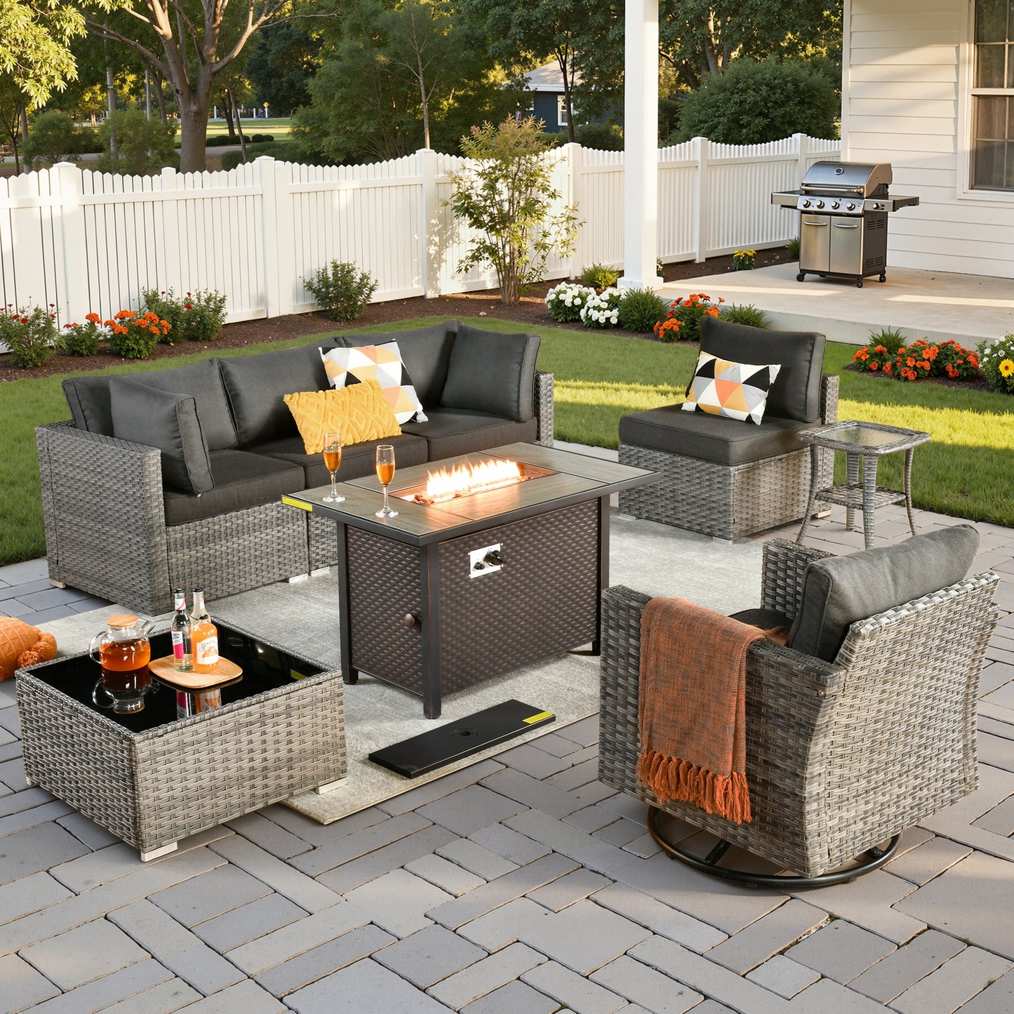 Vcatnet 6 Pieces Outdoor Patio Furniture with Fire Pit, Wicker Outdoor Conversation Set, Outdoor Sectional with Coffee Table