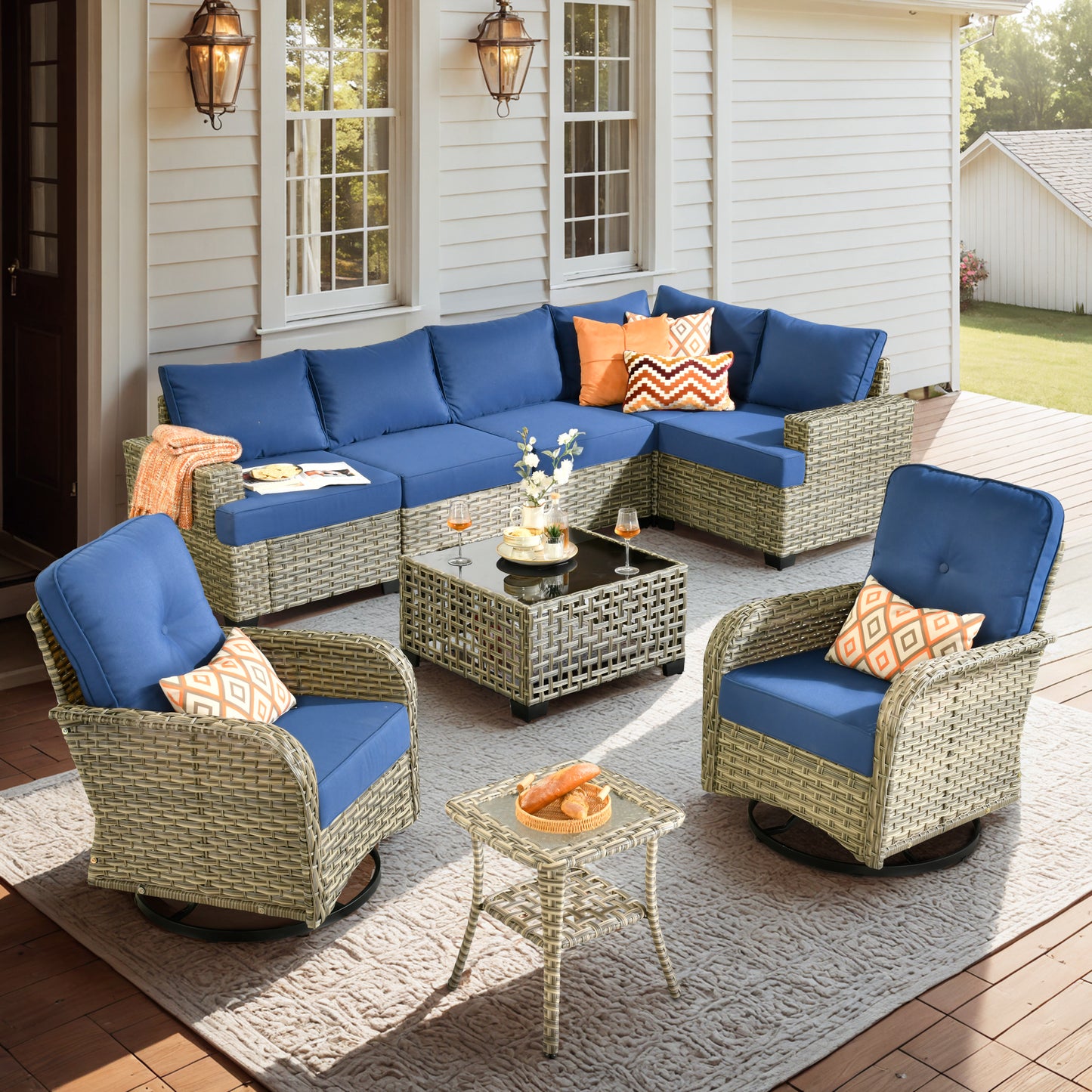 Vcatnet 7 Pieces Outdoor Patio Furniture Sectional Sofa Wicker Conversation Set with Ottomans