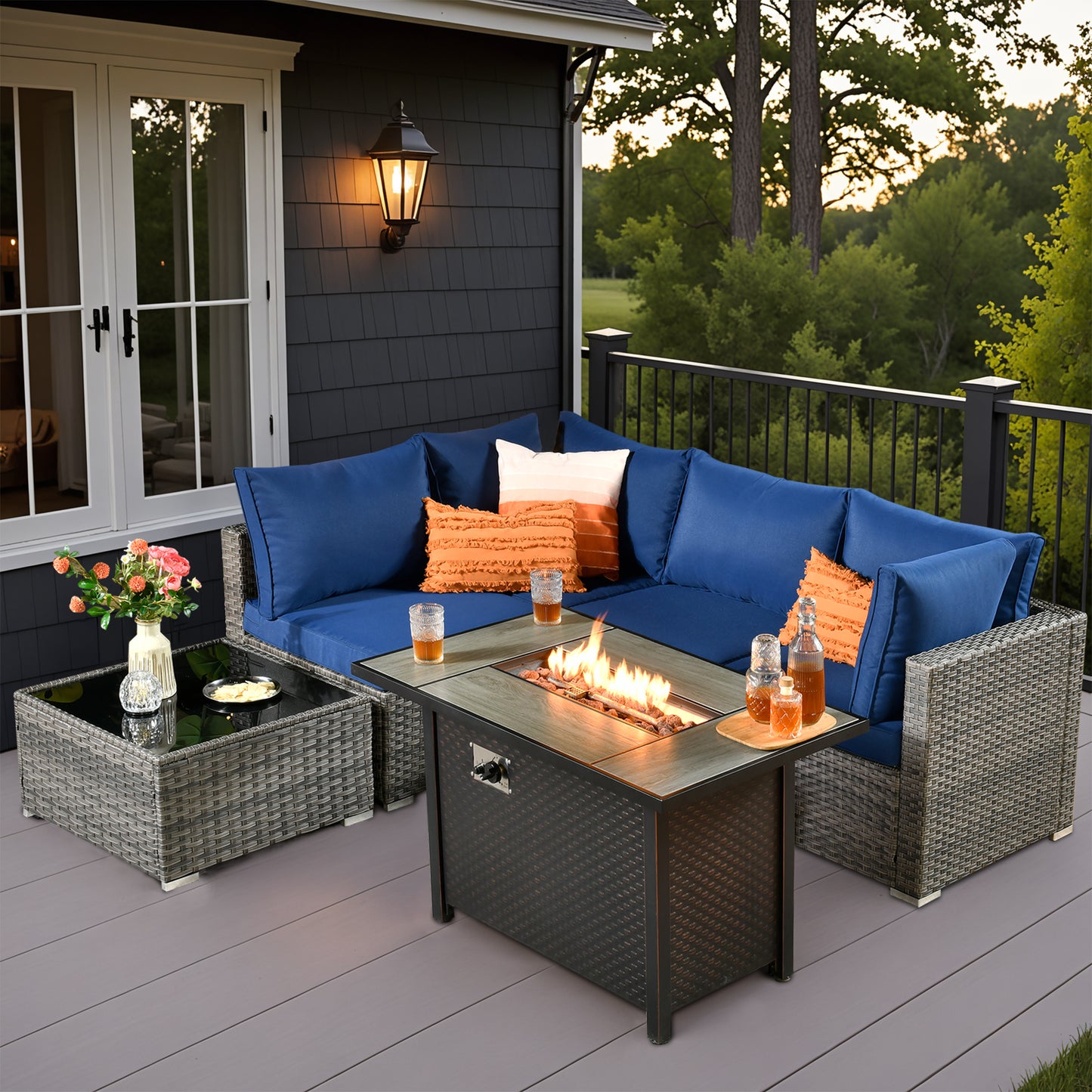 Vcatnet 6 Pieces Outdoor Patio Furniture with Fire Pit, Wicker Outdoor Conversation Set, Outdoor Sectional with Coffee Table