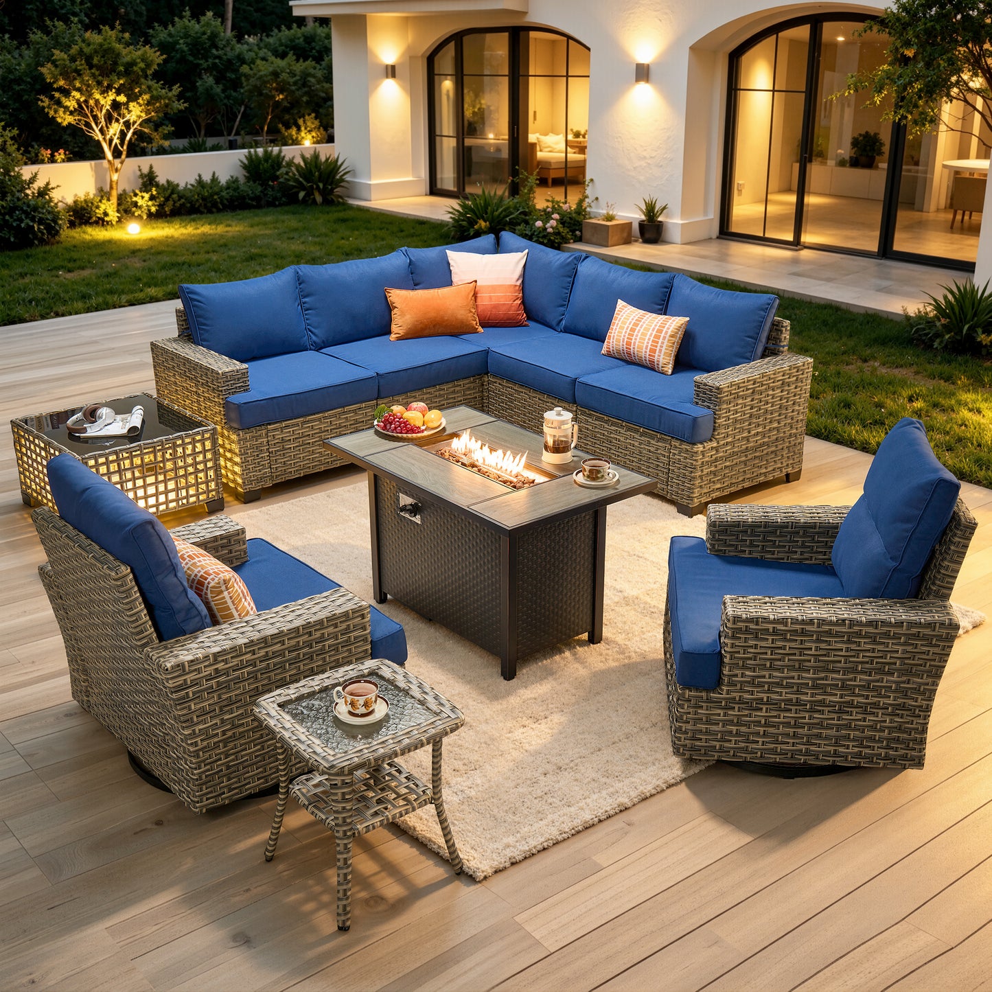 Vcatnet 9 Pieces Outdoor Patio Furniture with 54" Fire Pit Wicker Sectional Sofa All-Weather Outdoor Conversation Set with Swivel Glider Chairs and Ottoman