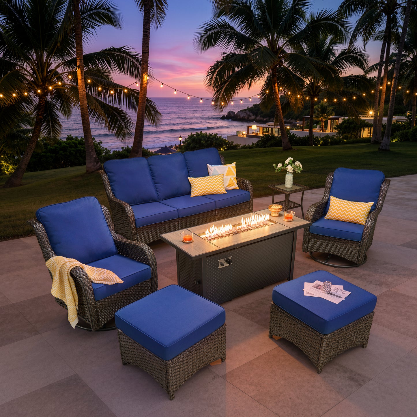 Vcatnet 5 Pieces Outdoor Patio Furniture with Fire Pit Wicker Sectional Sofa High-Back Conversation Set with Swivel Chairs