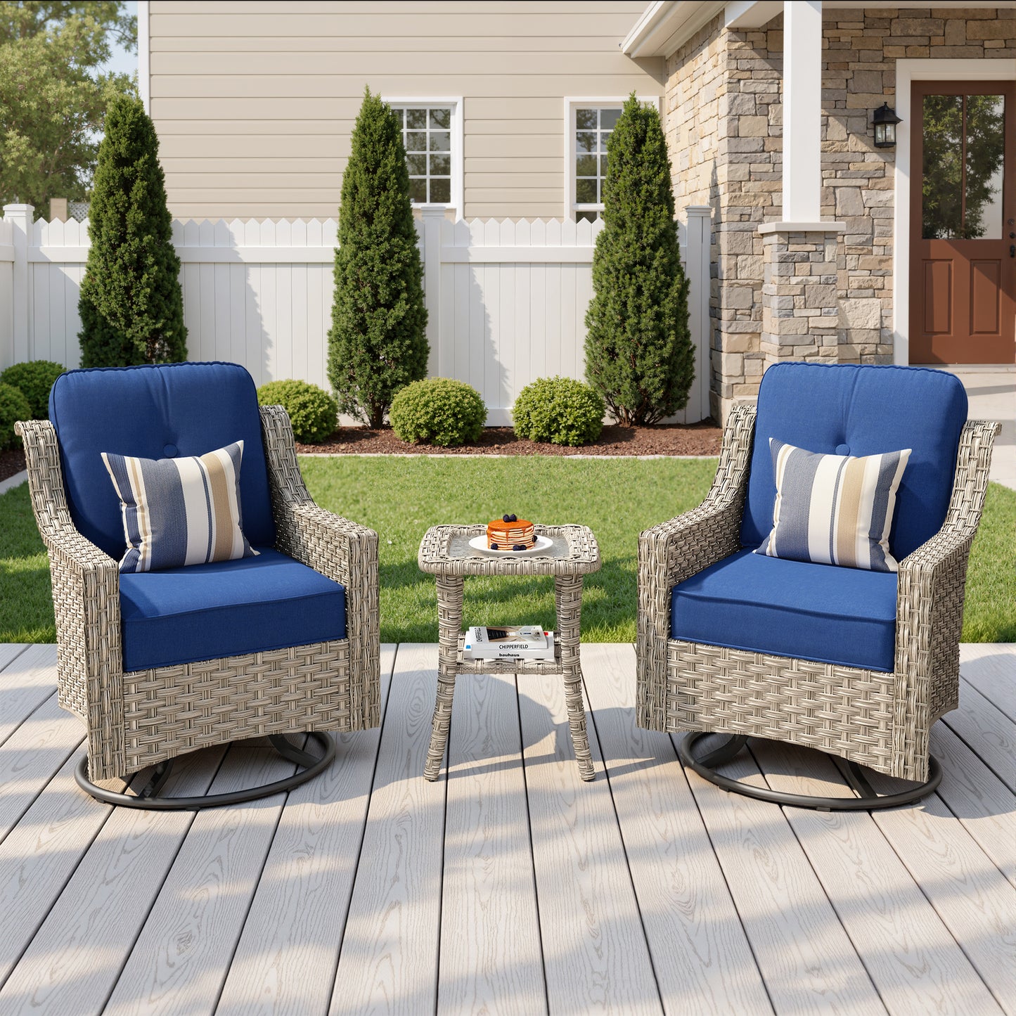 Vcatnet 3 Pieces Outdoor Patio Furniture Wicker Outdoor Swivel Rocking Chairs Set of 2 with Side Table, Swivel Rocker Patio Chairs Set for Porch, Backyard