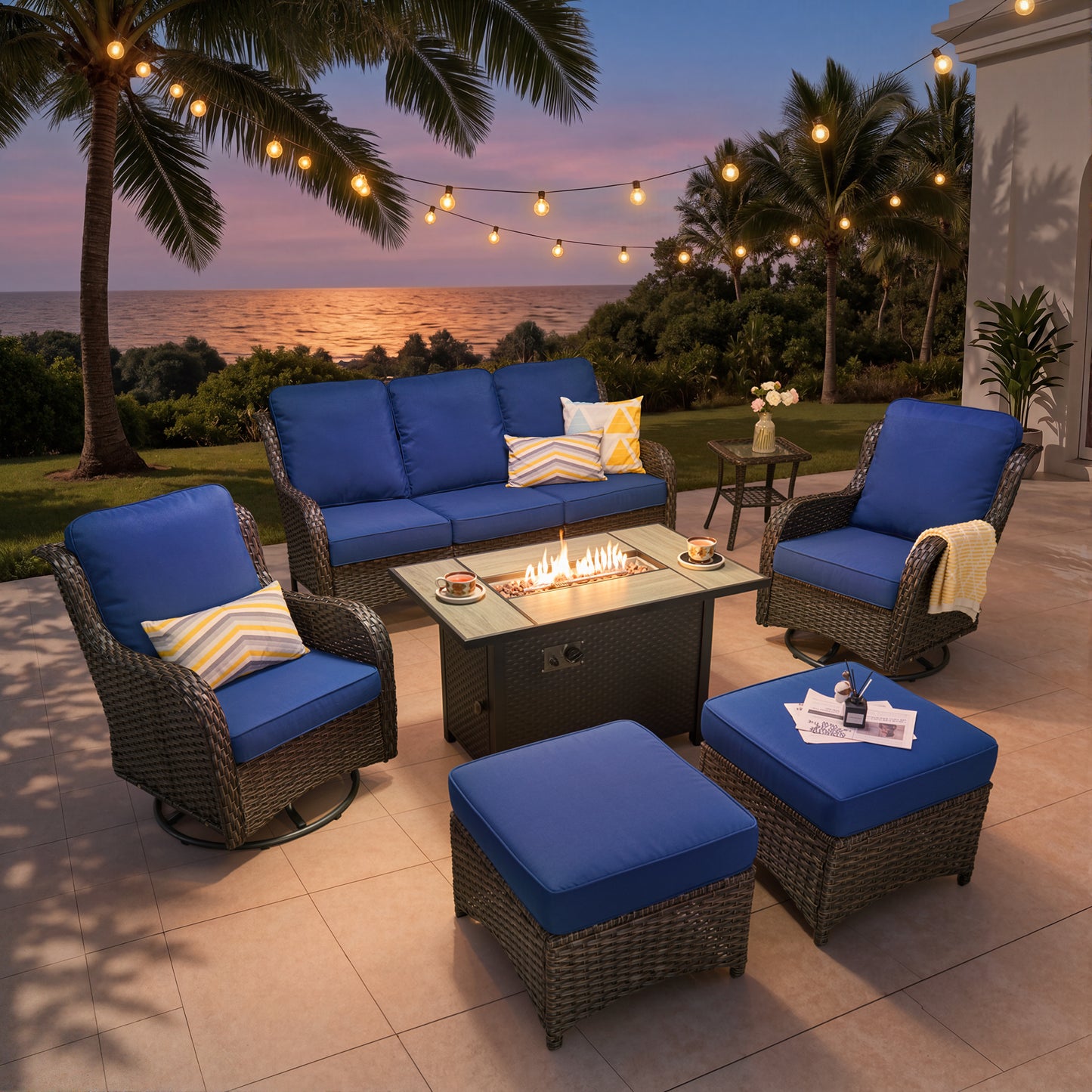 Vcatnet 5 Pieces Outdoor Patio Furniture with Fire Pit Wicker Sectional Sofa High-Back Conversation Set with Swivel Chairs