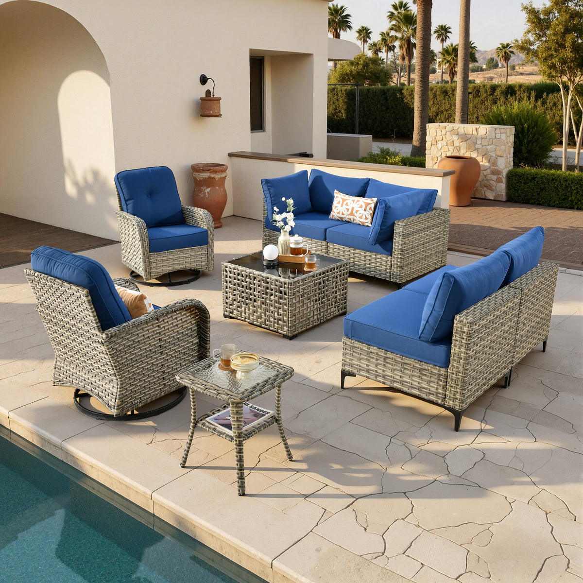 Vcatnet Outdoor Patio Furniture Sets 8 Pieces Sectional Sofa Wicker Conversation Set with Swivel Glider Chairs and Solar Powered Coffee Table for Porch,Backyard