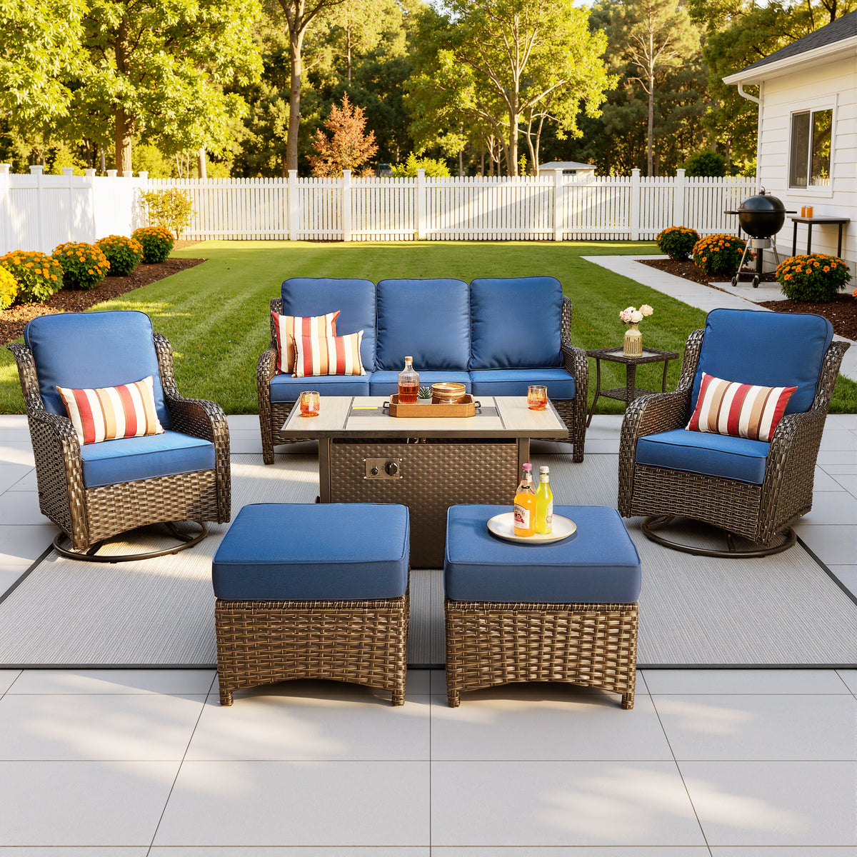 Vcatnet 5 Pieces Outdoor Patio Furniture with Fire Pit Wicker Sectional Sofa High-Back Conversation Set with Swivel Chairs