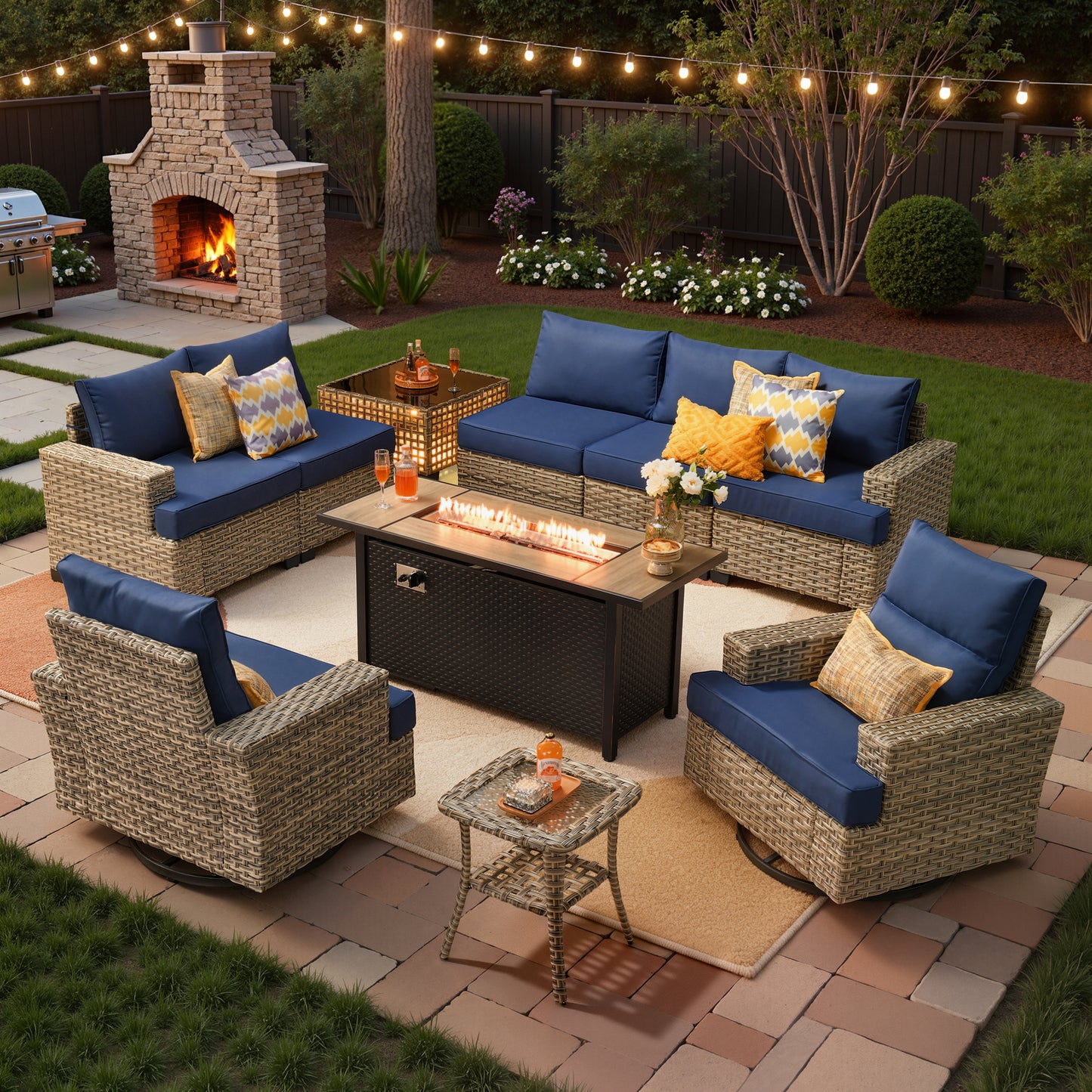 Vcatnet 9 Pieces Outdoor Patio Furniture with 54" Fire Pit Wicker Sectional Sofa All-Weather Outdoor Conversation Set with Swivel Glider Chairs and Ottoman