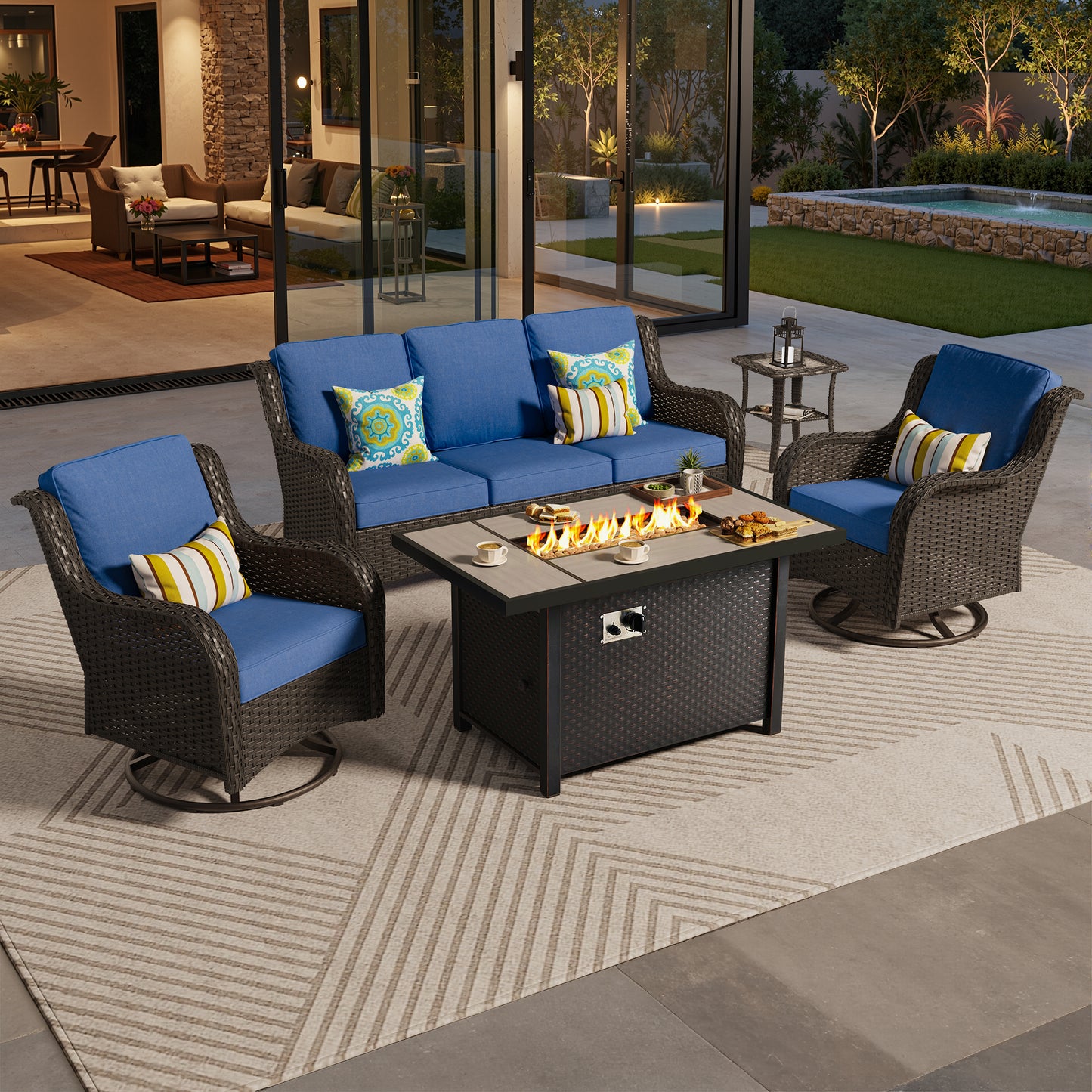 Vcatnet 6 Pieces Outdoor Patio Furniture Wicker High-Back Conversation Set with Swivel Rocking Chairs and Ottoman
