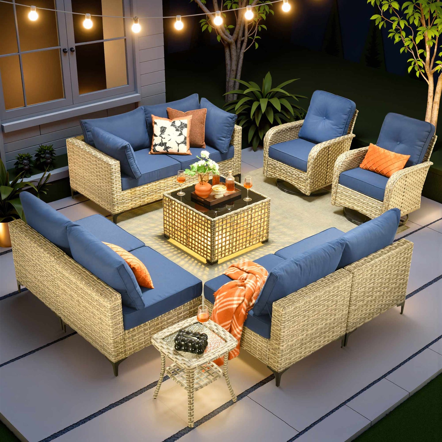 Vcatnet Outdoor Patio Furniture Sets 8 Pieces Sectional Sofa Wicker Conversation Set with Swivel Glider Chairs and Solar Powered Coffee Table for Porch,Backyard