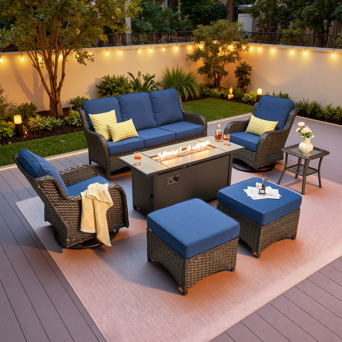 Vcatnet 5 Pieces Outdoor Patio Furniture with Fire Pit Wicker Sectional Sofa High-Back Conversation Set with Swivel Chairs