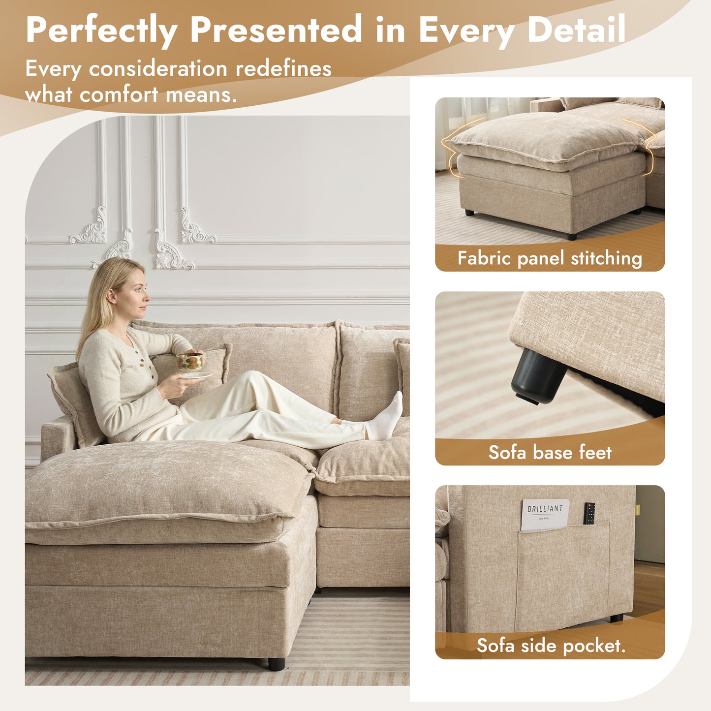 Vcatnet 107" Modular Sectional Sofa Couch Chenille Cloud Couch with 2 Ottomans L Shaped Oversized Modern Minimalist Couch for Living Room