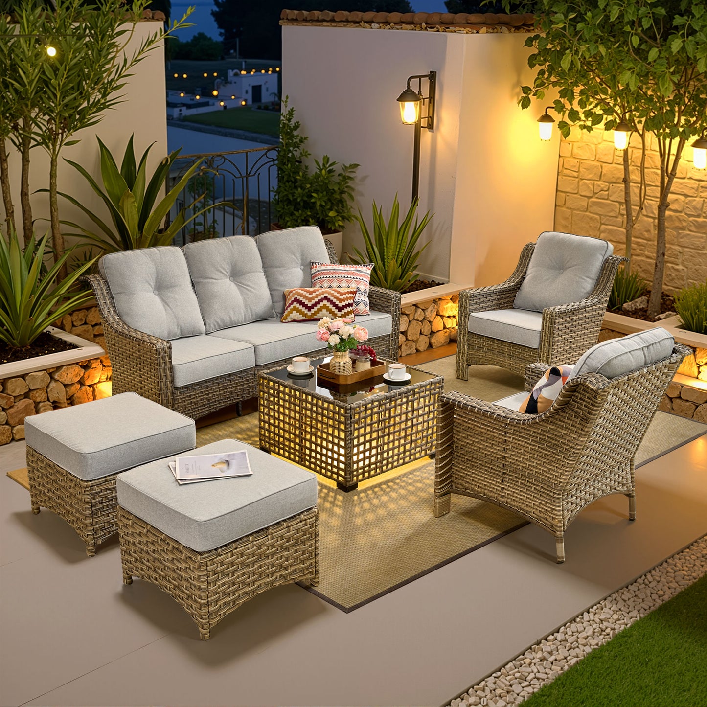 Vcatnet 4 Pieces Patio Outdoor Conversation Set High Back Wicker Rattan Furniture Outdoor Sectionals with Coffee Table