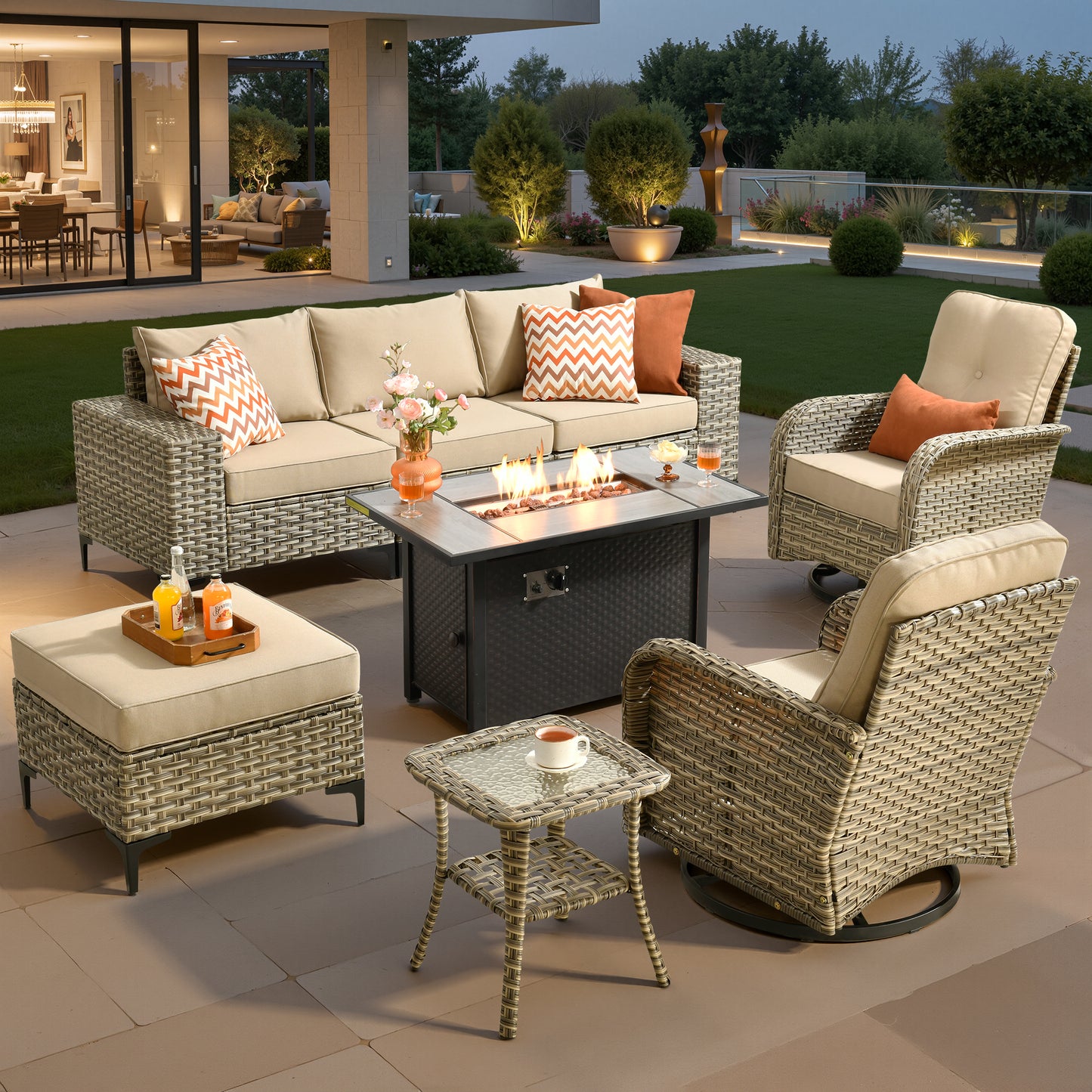Vcatnet Outdoor Patio Furniture 5 Pieces Wicker Conversation Set Sectional Sofa with Coffee Table and Ottoman