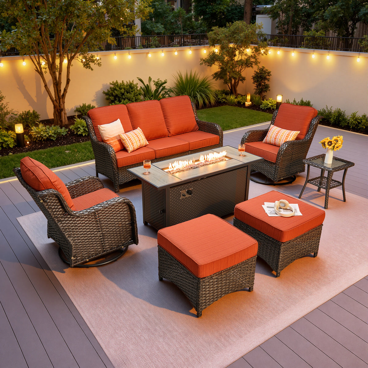 Vcatnet 5 Pieces Outdoor Patio Furniture with Fire Pit Wicker Sectional Sofa High-Back Conversation Set with Swivel Chairs