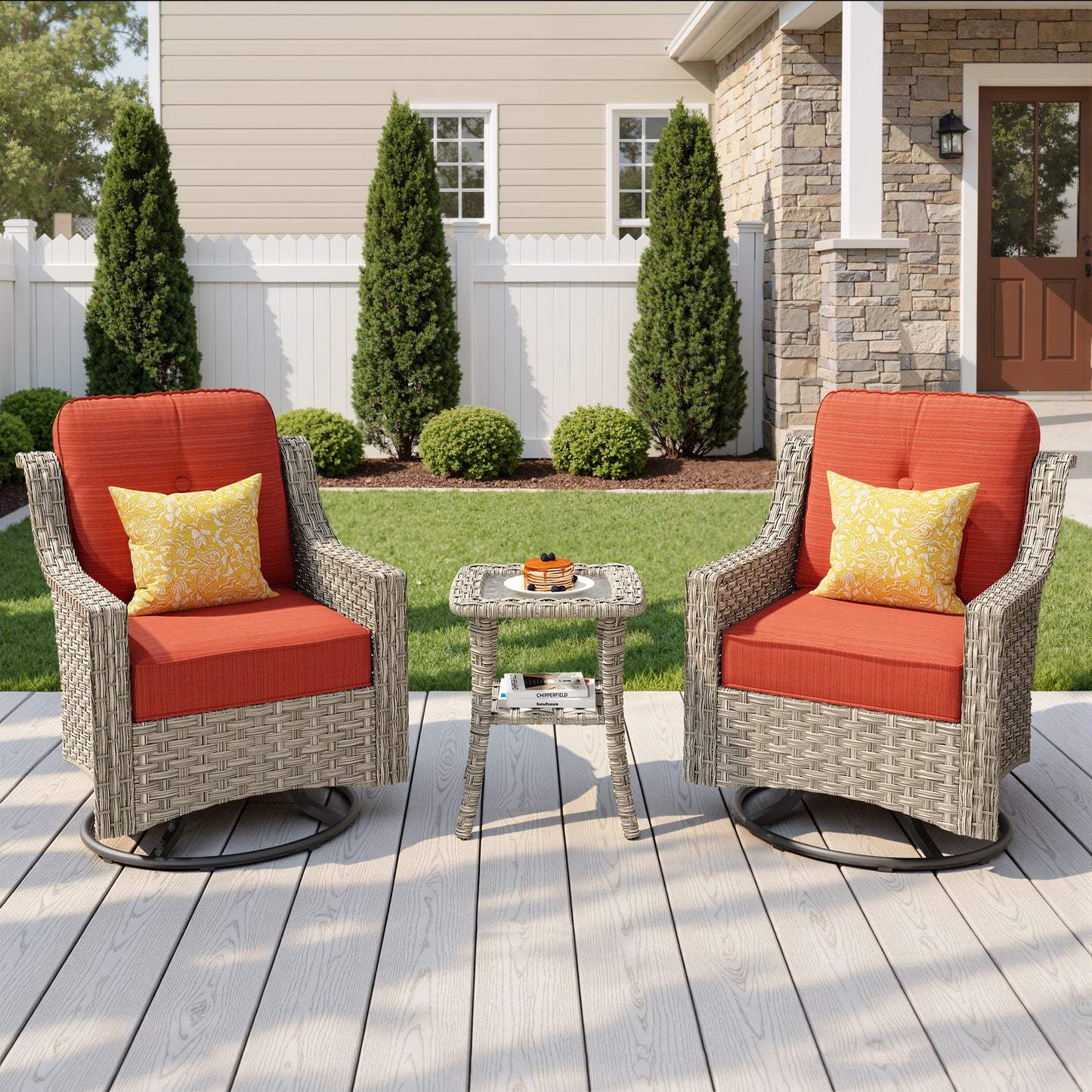 Vcatnet 3 Pieces Outdoor Patio Furniture Wicker Outdoor Swivel Rocking Chairs Set of 2 with Side Table, Swivel Rocker Patio Chairs Set for Porch, Backyard