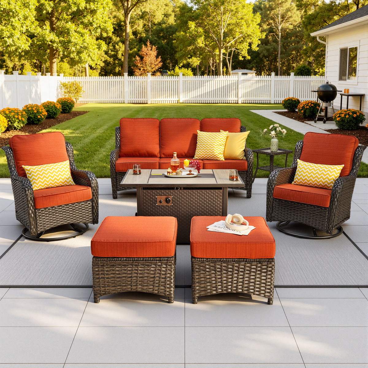 Vcatnet 5 Pieces Outdoor Patio Furniture with Fire Pit Wicker Sectional Sofa High-Back Conversation Set with Swivel Chairs