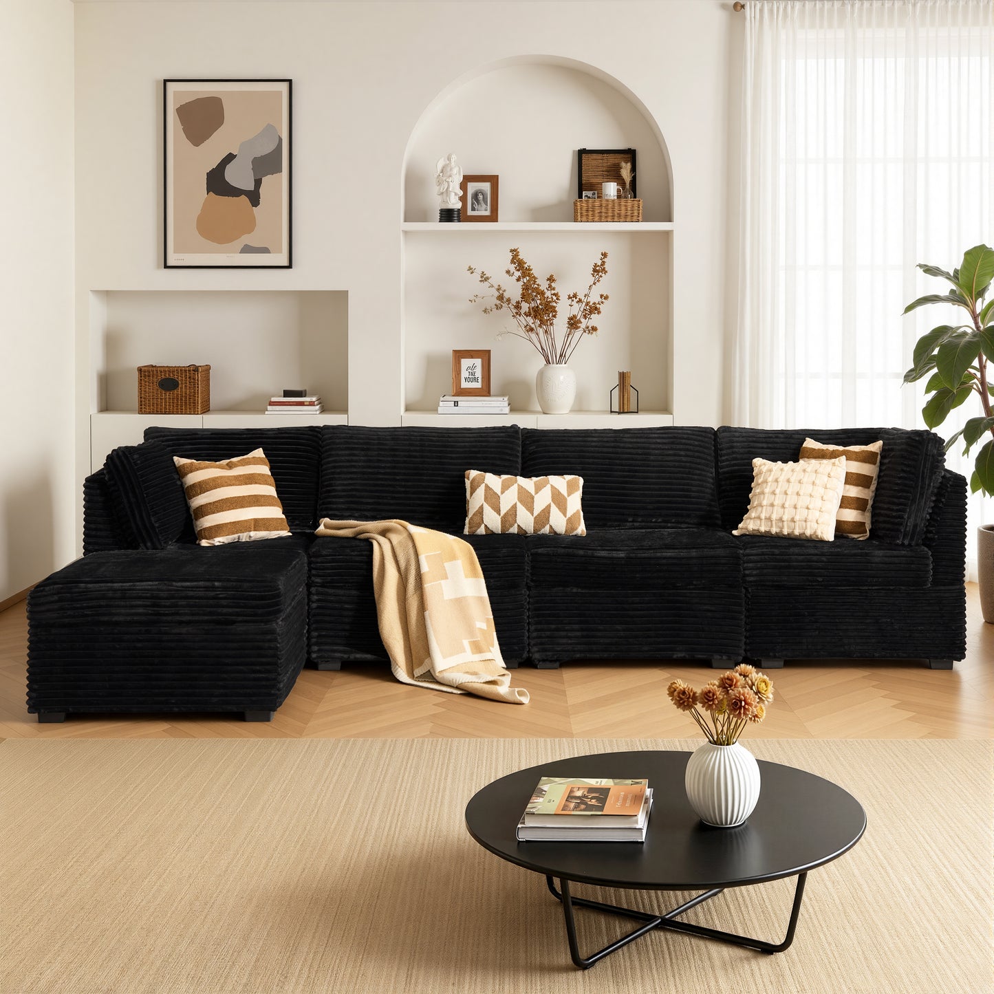 Vcatnet 130.7" Modular Sectional Sofa Couch Corduroy L Shaped Oversized Modern Minimalist Couch with Deep Seat and Ottoman for Living Room