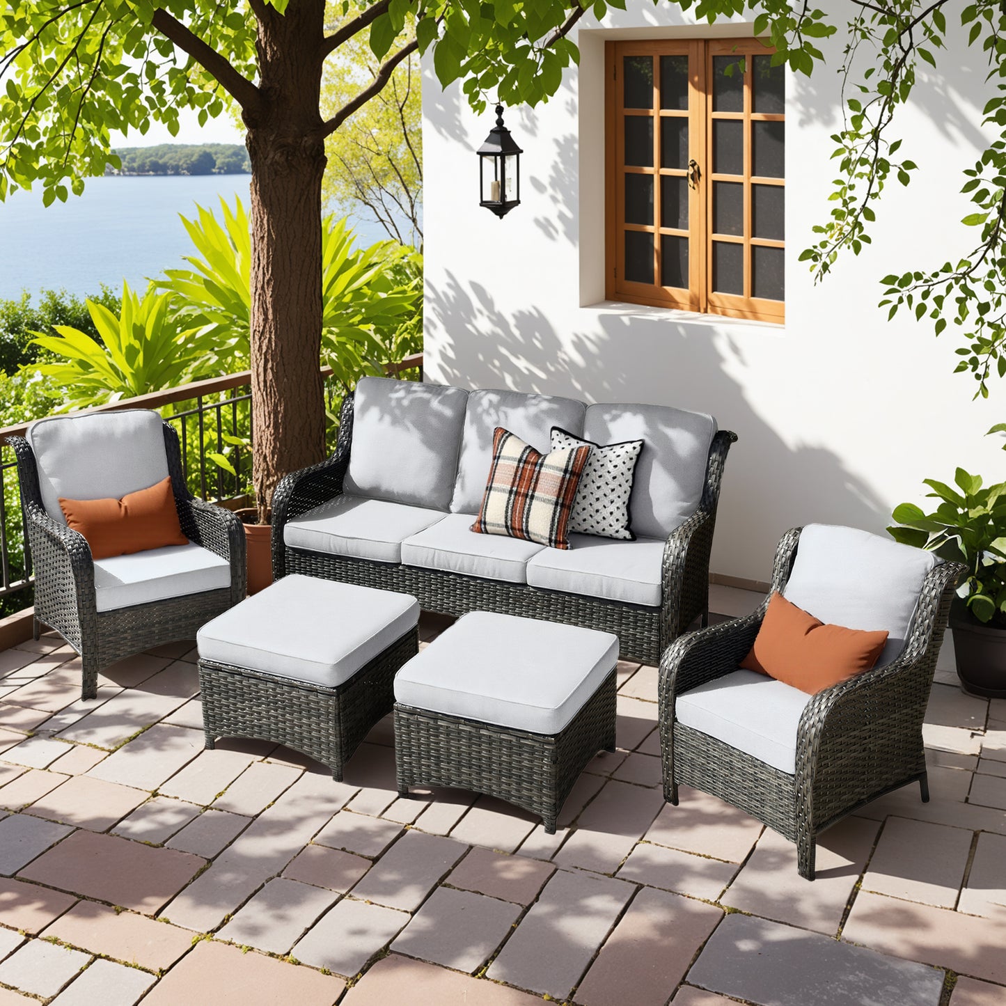 Vcatnet 5 Pieces Outdoor Patio Furniture Set Wicker Sectional Sofa High-Back Conversation Set with Ottoman,