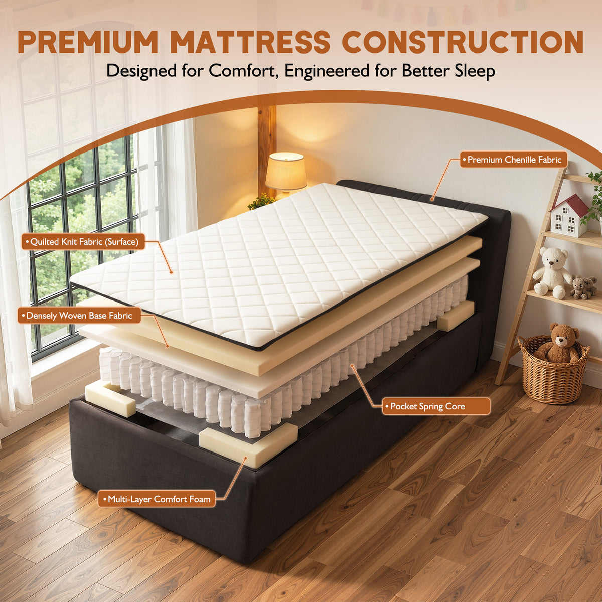 Vcatnet 16.7" Twin Size Boneless Bed with Mattress and Frame, 2-in-1 Chenille Platform Cloud Bed, No Assembly Bed and Mattress for Bedroom and Apartment