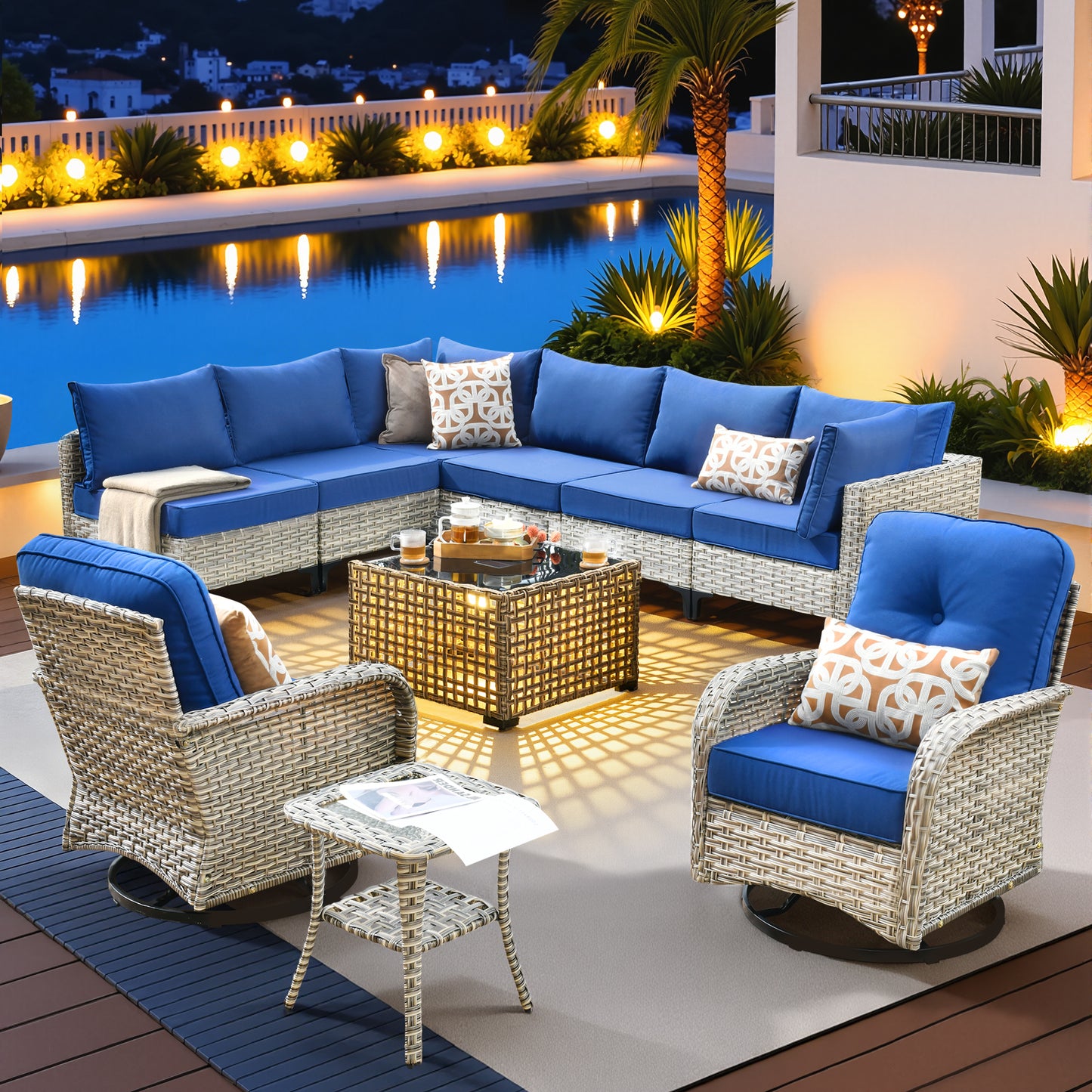 Vcatnet Outdoor Patio Furniture Sets 8 Pieces Sectional Sofa Wicker Conversation Set with Swivel Glider Chairs and Solar Powered Coffee Table for Porch,Backyard