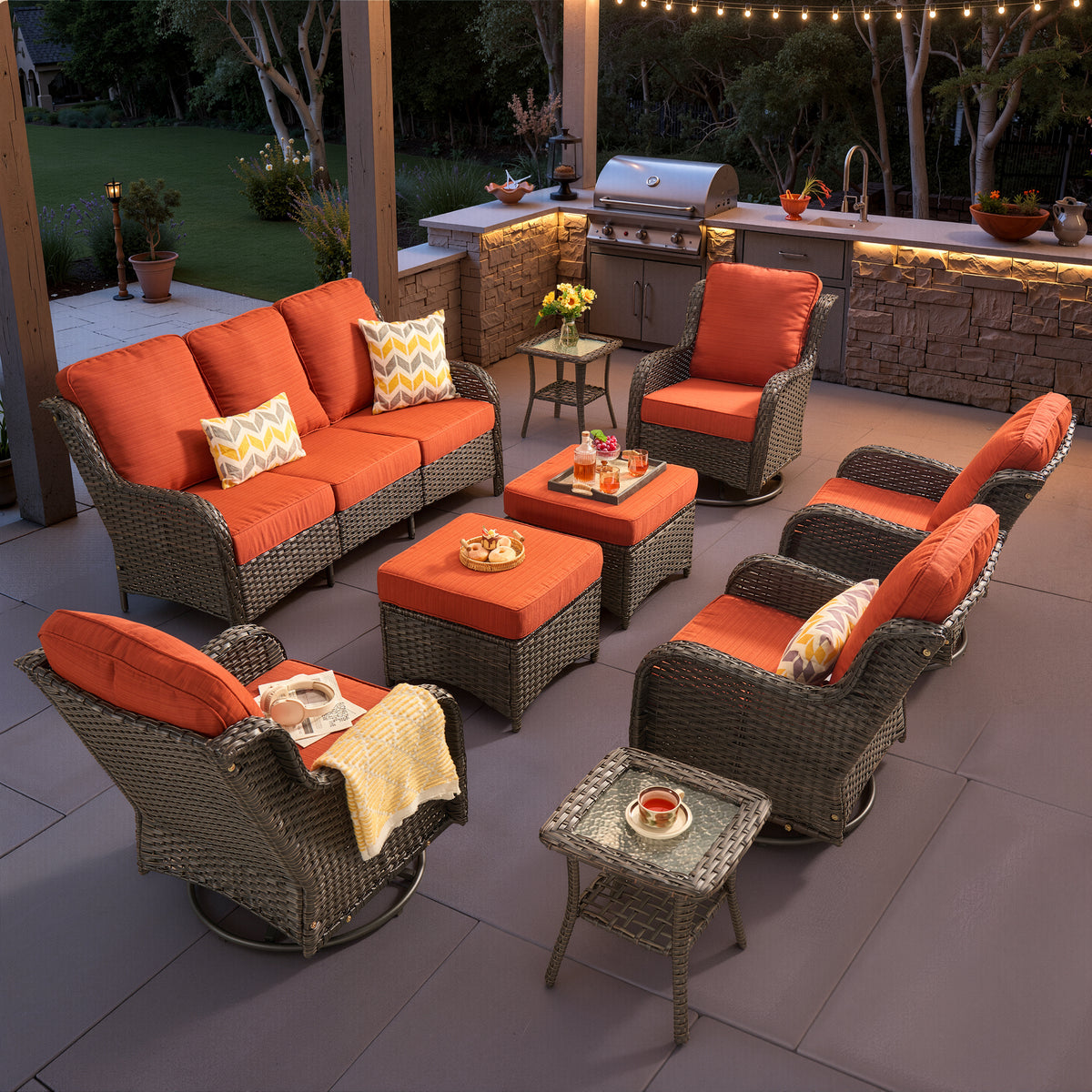 Vcatnet 5 Pieces Outdoor Patio Furniture with Fire Pit Wicker Sectional Sofa High-Back Conversation Set with Swivel Chairs