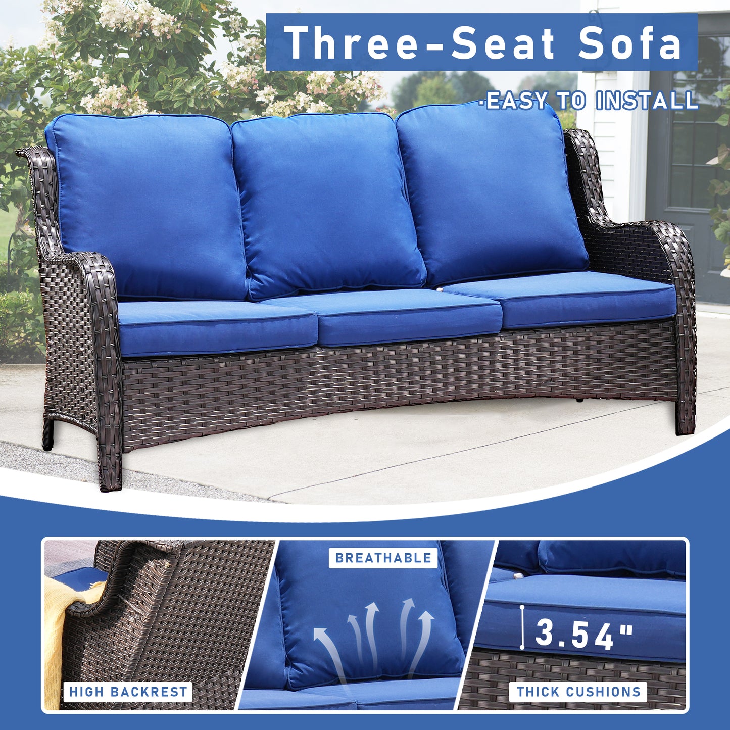 Vcatnet 5 Pieces Conversation Set Outdoor Patio Furniture Sectional Sofa PE Wicker with Fire Pit Table,Navy Blue