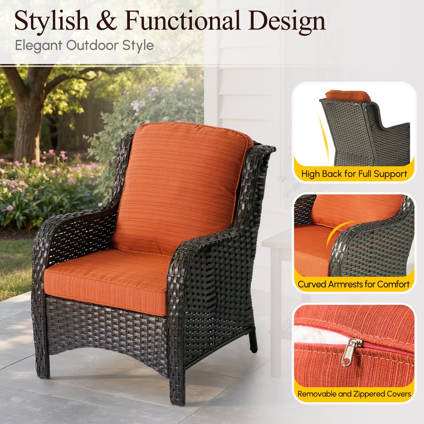Vcatnet 6 Pieces Outdoor Patio Furniture Wicker High-Back Conversation Set with Swivel Rocking Chairs and Ottoman