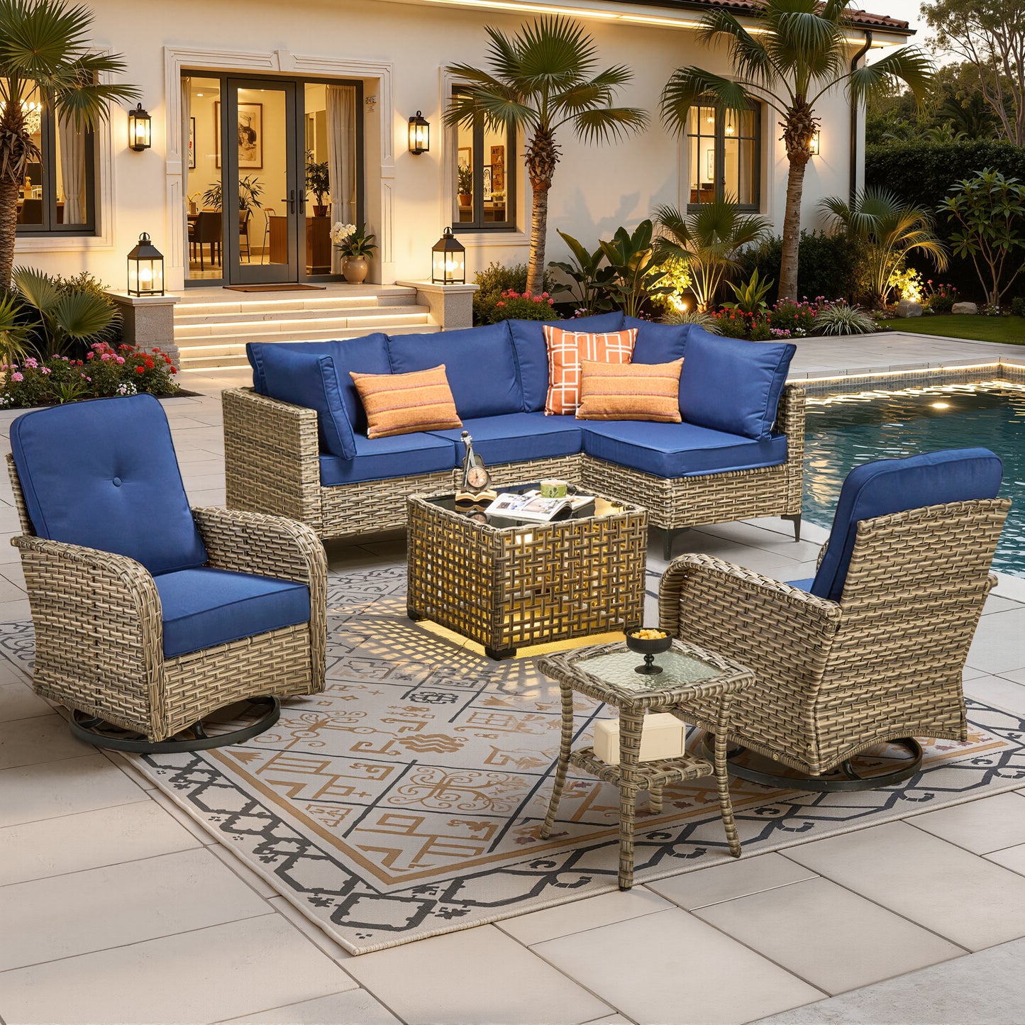 Vcatnet Outdoor Patio Furniture Sets 8 Pieces Sectional Sofa Wicker Conversation Set with Swivel Glider Chairs and Solar Powered Coffee Table for Porch,Backyard