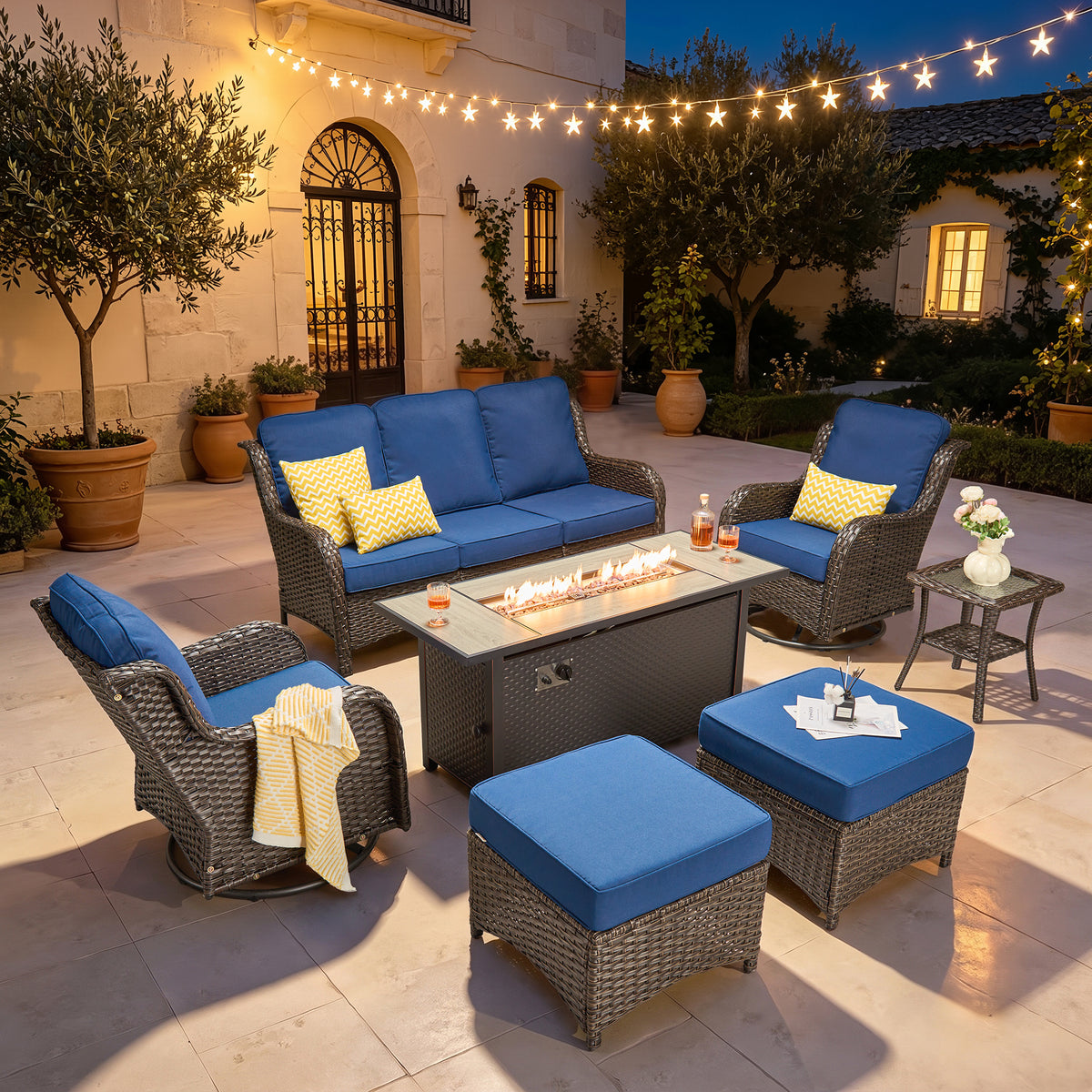 Vcatnet 6 Pieces Outdoor Patio Furniture Wicker High-Back Conversation Set with Swivel Rocking Chairs and Ottoman