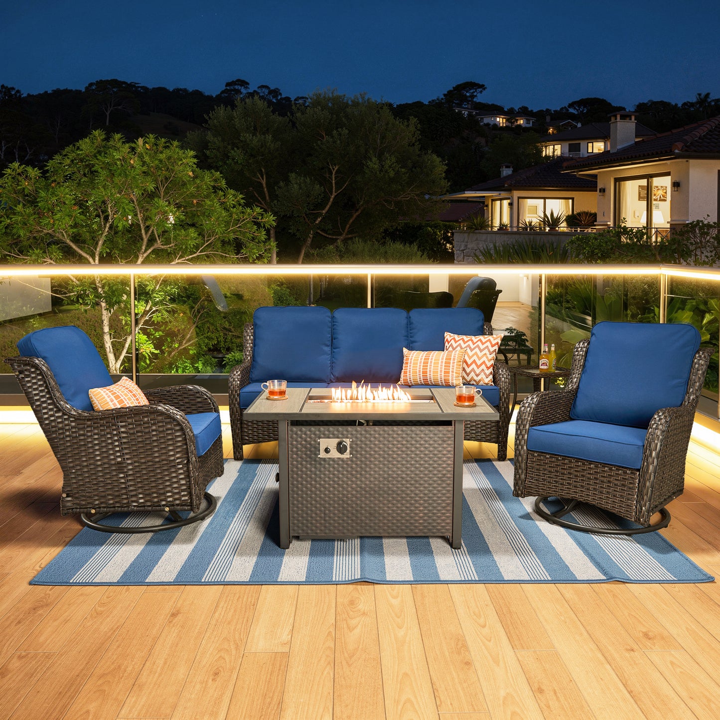Vcatnet 6 Pieces Outdoor Patio Furniture Wicker High-Back Conversation Set with Swivel Rocking Chairs and Ottoman