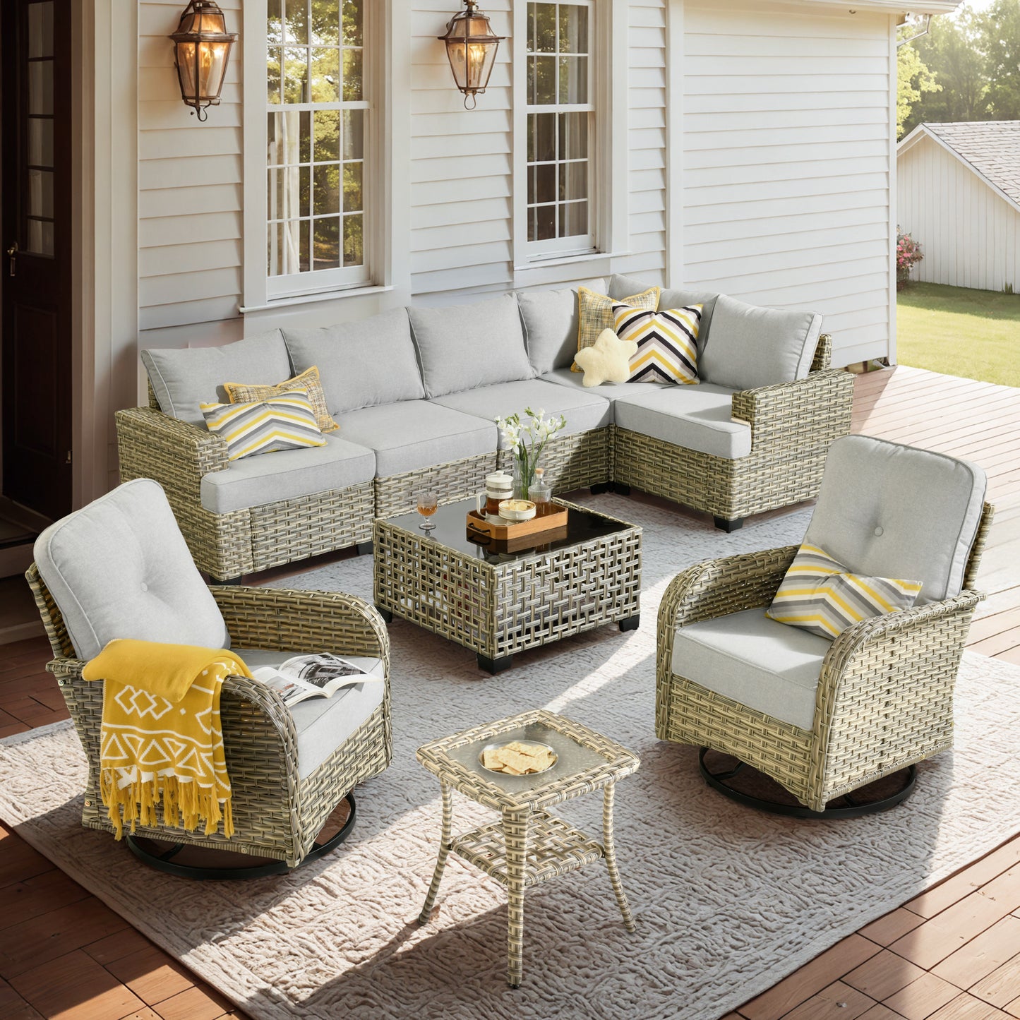 Vcatnet 7 Pieces Outdoor Patio Furniture Sectional Sofa Wicker Conversation Set with Ottomans