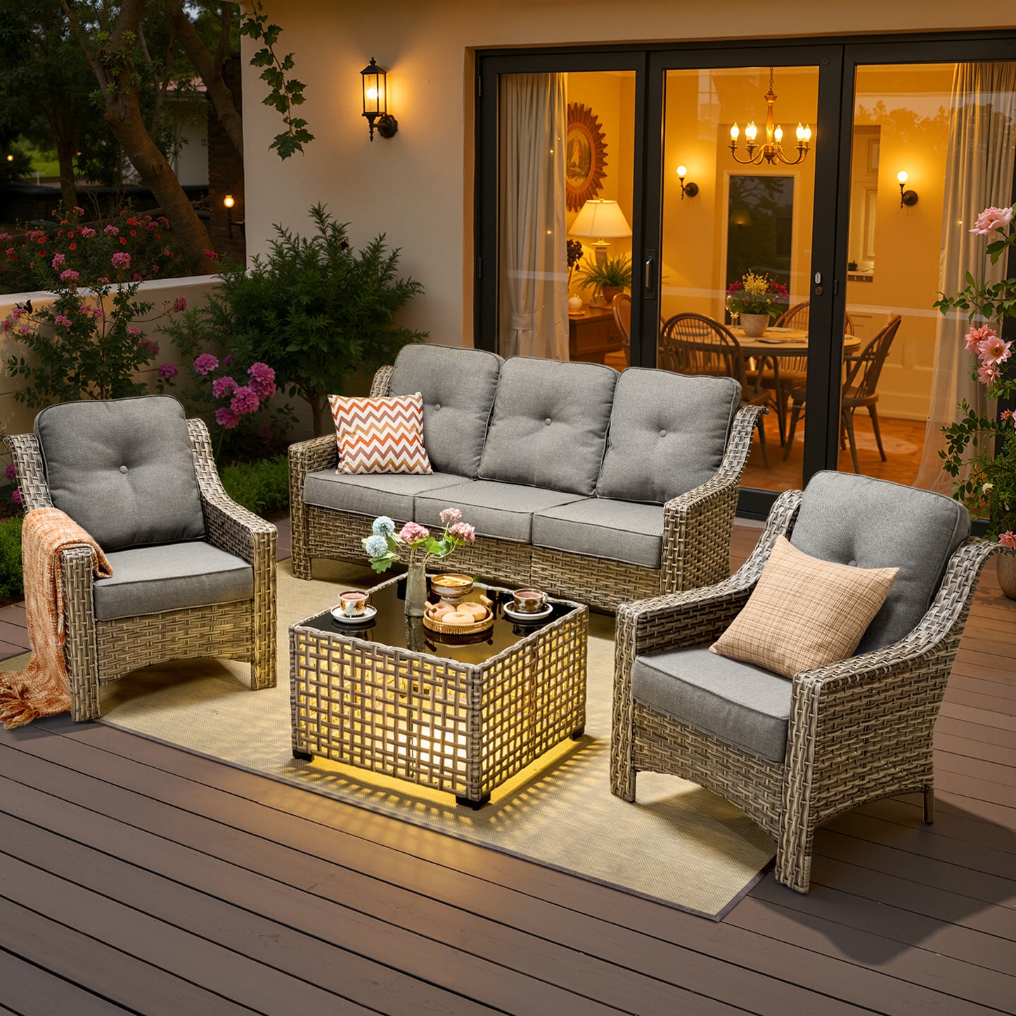 Vcatnet 4 Pieces Patio Outdoor Conversation Set High Back Wicker Rattan Furniture Outdoor Sectionals with Coffee Table