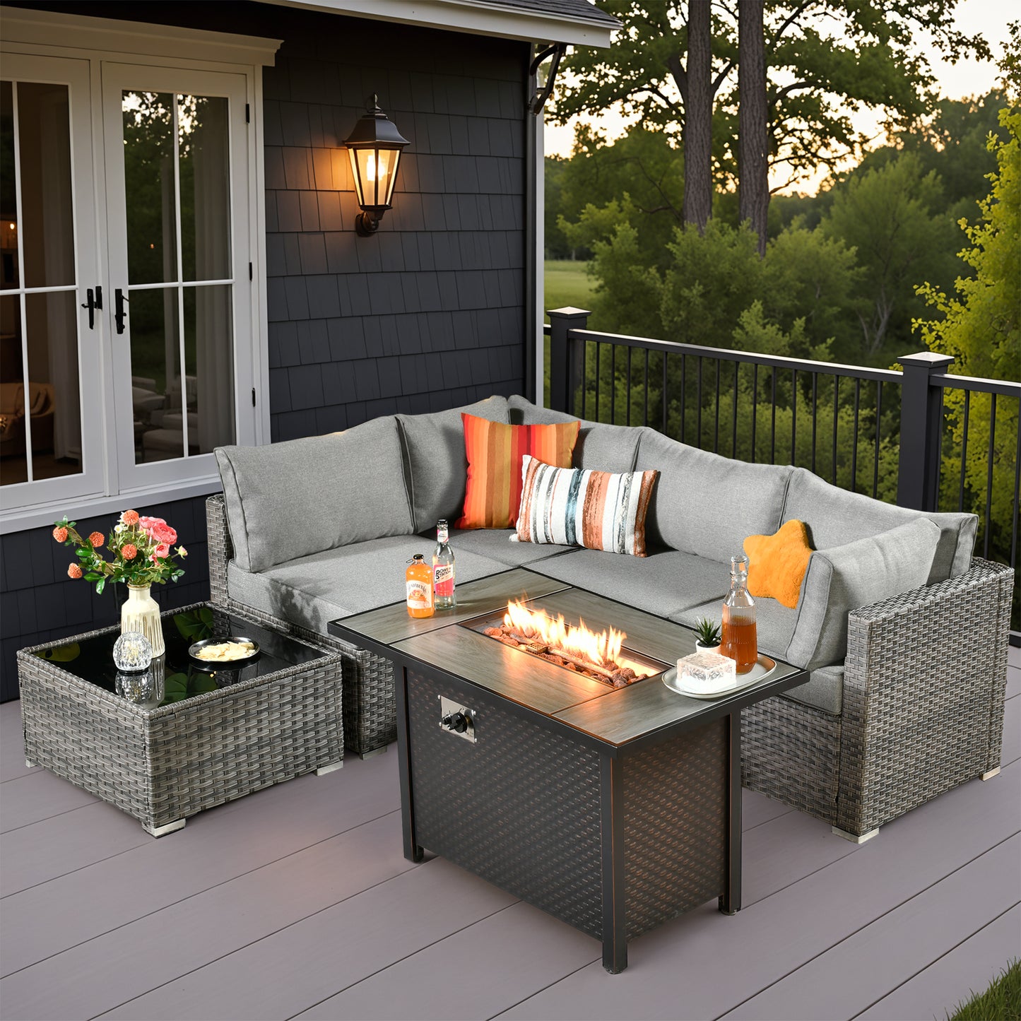 Vcatnet 6 Pieces Outdoor Patio Furniture with Fire Pit, Wicker Outdoor Conversation Set, Outdoor Sectional with Coffee Table