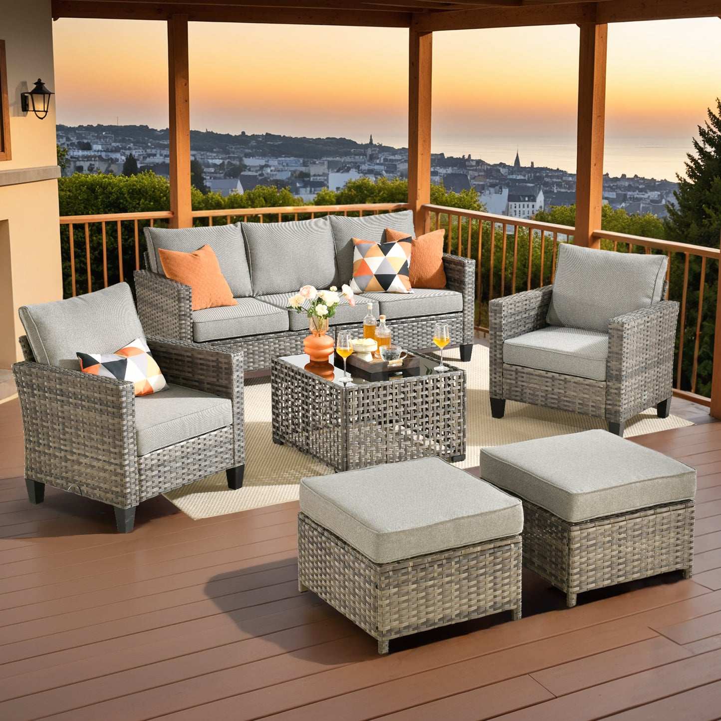 Vcatnet Patio Conversation Set, 5 Pieces Outdoor Sectional Sofa, All Weather Wicker Patio Furniture with Swivel Rocking Chairs and Coffee Table