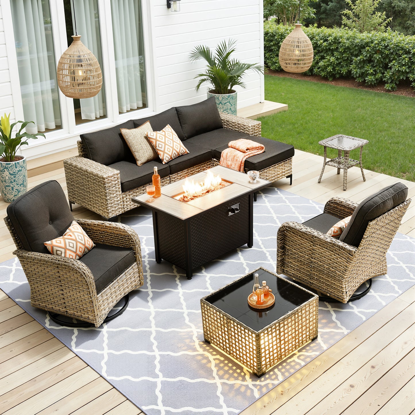 Vcatnet Outdoor Patio Furniture 5 Pieces Wicker Conversation Set Sectional Sofa with Coffee Table and Ottoman