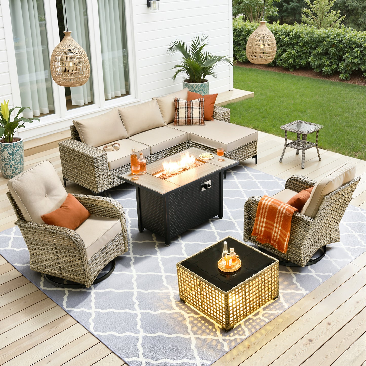 Vcatnet Outdoor Patio Furniture 5 Pieces Wicker Conversation Set Sectional Sofa with Coffee Table and Ottoman