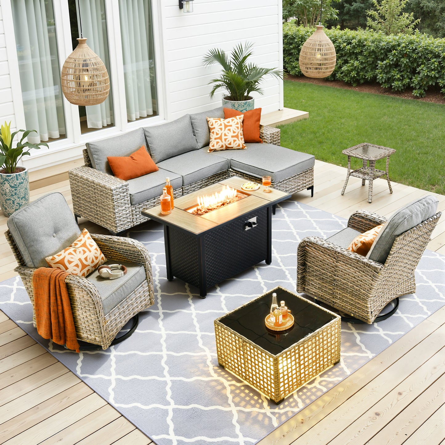 Vcatnet Outdoor Patio Furniture 5 Pieces Wicker Conversation Set Sectional Sofa with Coffee Table and Ottoman