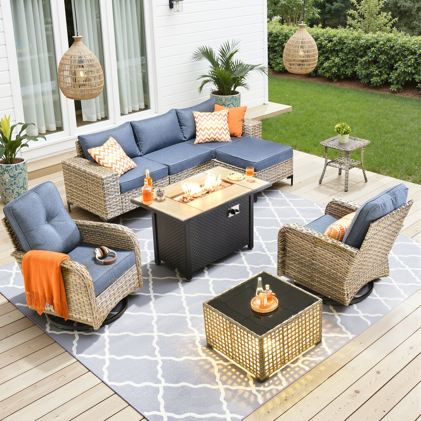 Vcatnet Outdoor Patio Furniture 5 Pieces Wicker Conversation Set Sectional Sofa with Coffee Table and Ottoman