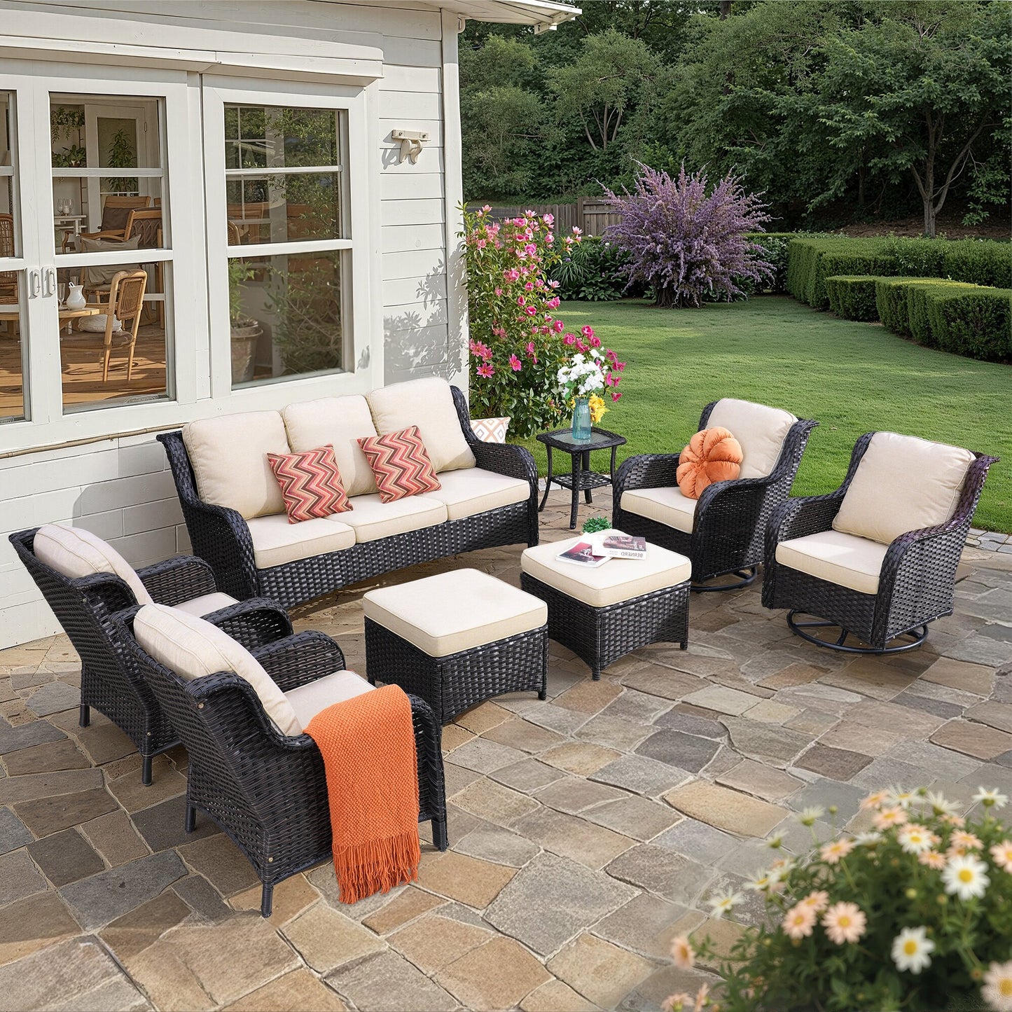 Vcatnet 5 Pieces Outdoor Patio Furniture Set Wicker Sectional Sofa High-Back Conversation Set with Ottoman,
