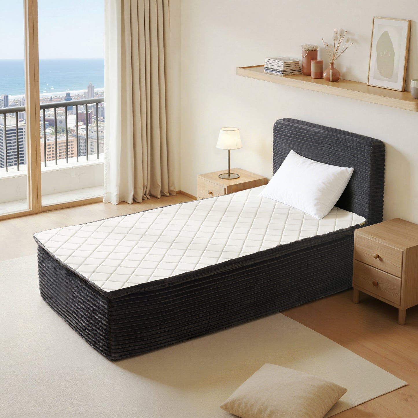 Vcatnet Twin Mattress with Headboard, 16.7 inch Hybrid Memory Foam Mattress in a Box, Corduroy Floor Bed, No Assembly Required, Beige