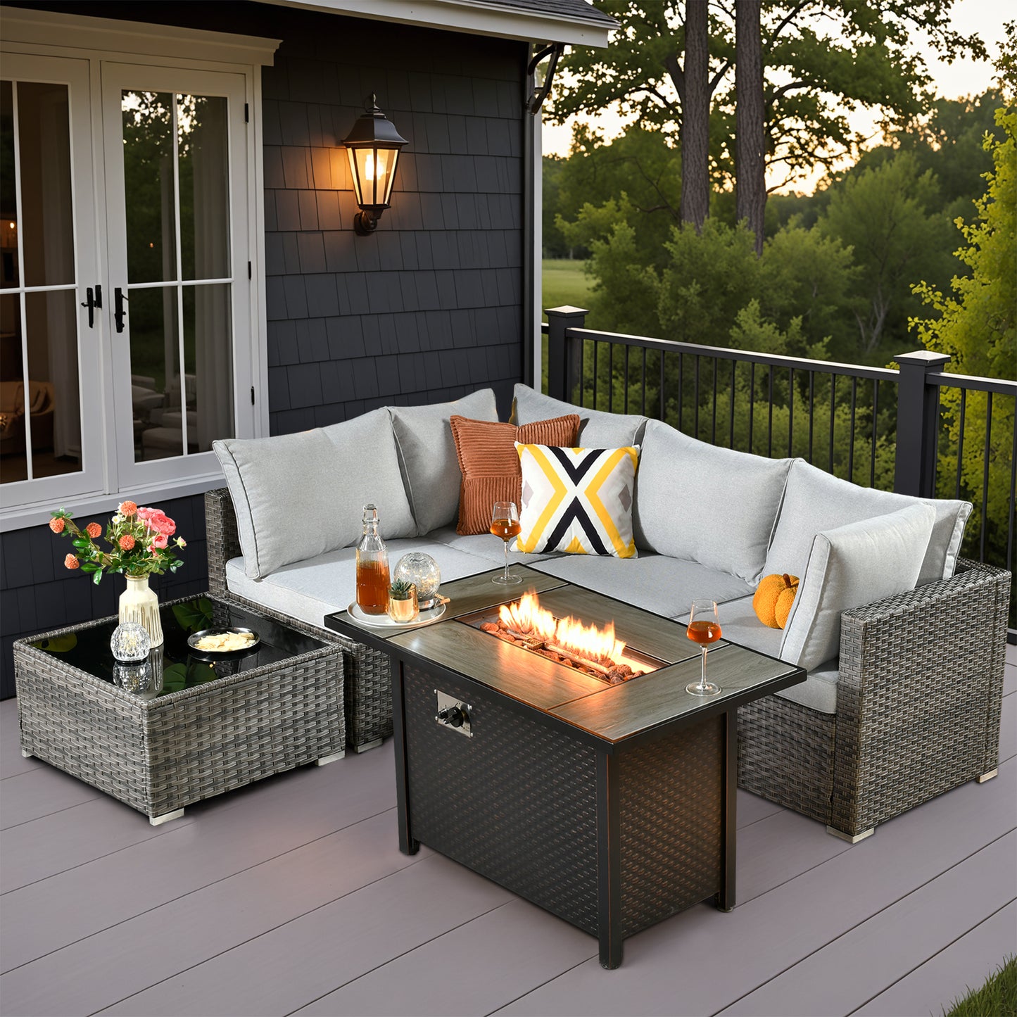 Vcatnet 6 Pieces Outdoor Patio Furniture with Fire Pit, Wicker Outdoor Conversation Set, Outdoor Sectional with Coffee Table