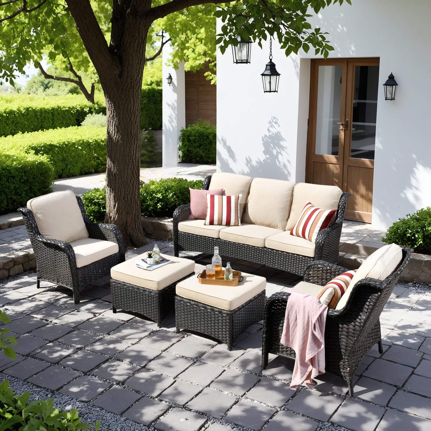 Vcatnet 5 Pieces Outdoor Patio Furniture Set Wicker Sectional Sofa High-Back Conversation Set with Ottoman,