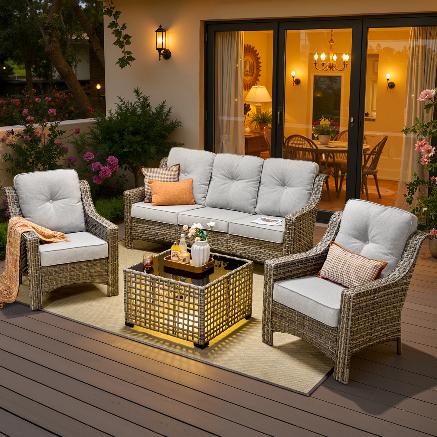 Vcatnet 4 Pieces Patio Outdoor Conversation Set High Back Wicker Rattan Furniture Outdoor Sectionals with Coffee Table