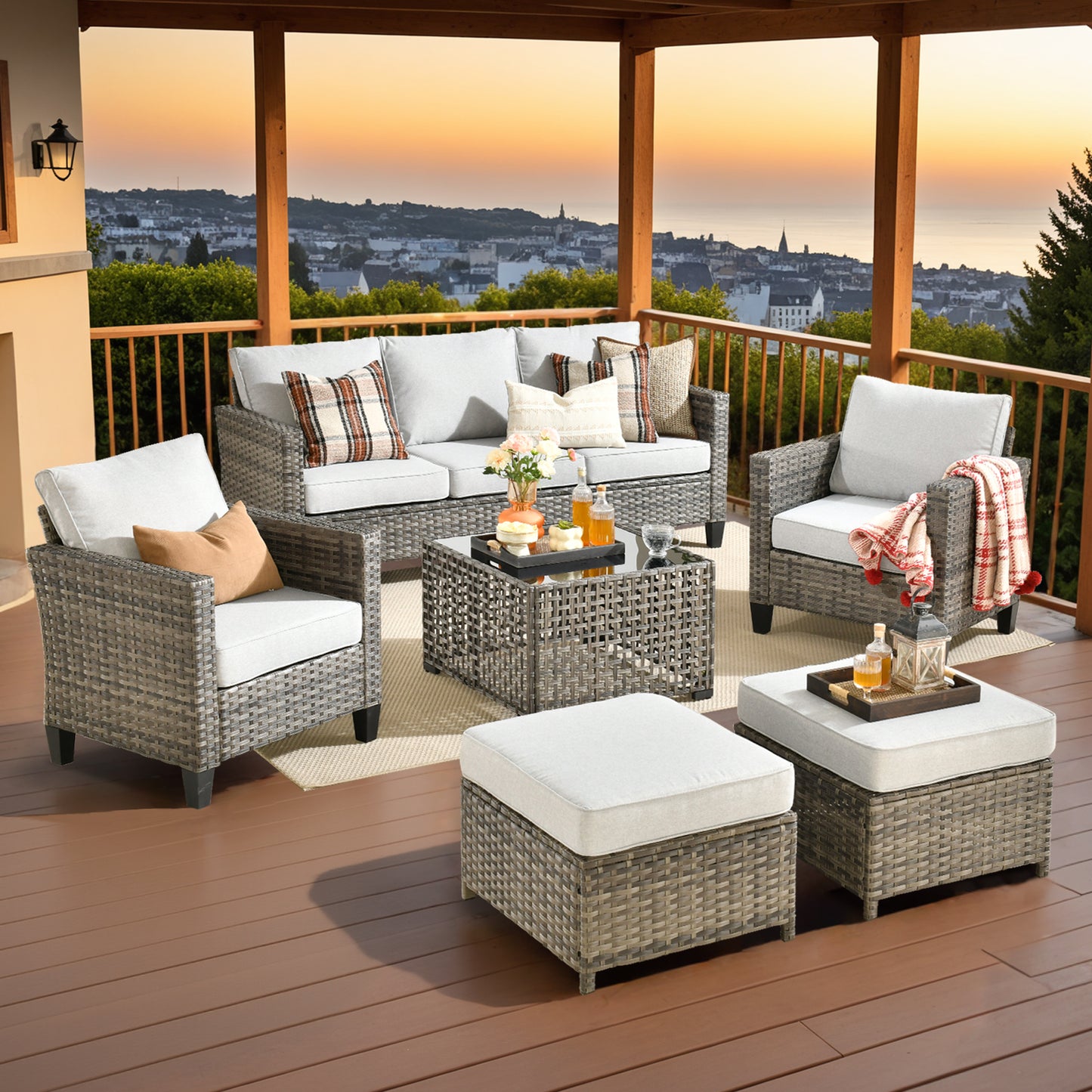 Vcatnet Patio Conversation Set, 5 Pieces Outdoor Sectional Sofa, All Weather Wicker Patio Furniture with Swivel Rocking Chairs and Coffee Table
