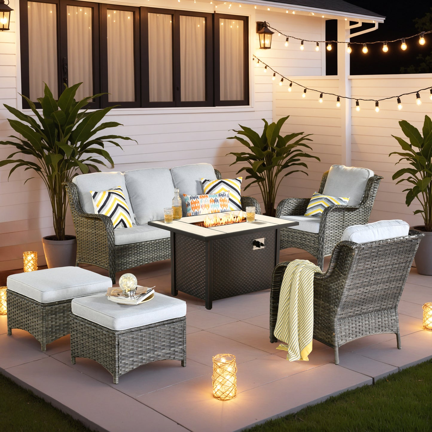Vcatnet 6 Pieces Outdoor Patio Furniture Wicker High-Back Conversation Set with Swivel Rocking Chairs and Ottoman