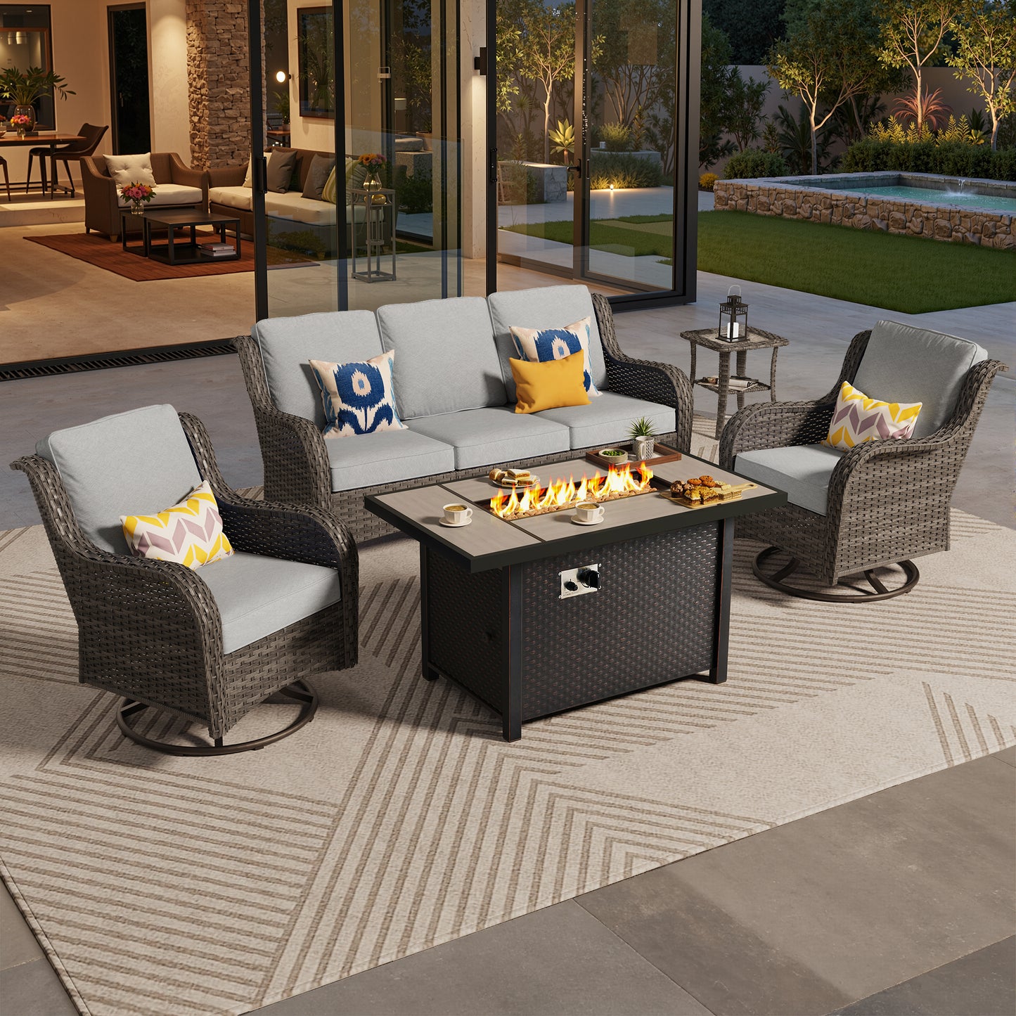 Vcatnet 6 Pieces Outdoor Patio Furniture Wicker High-Back Conversation Set with Swivel Rocking Chairs and Ottoman