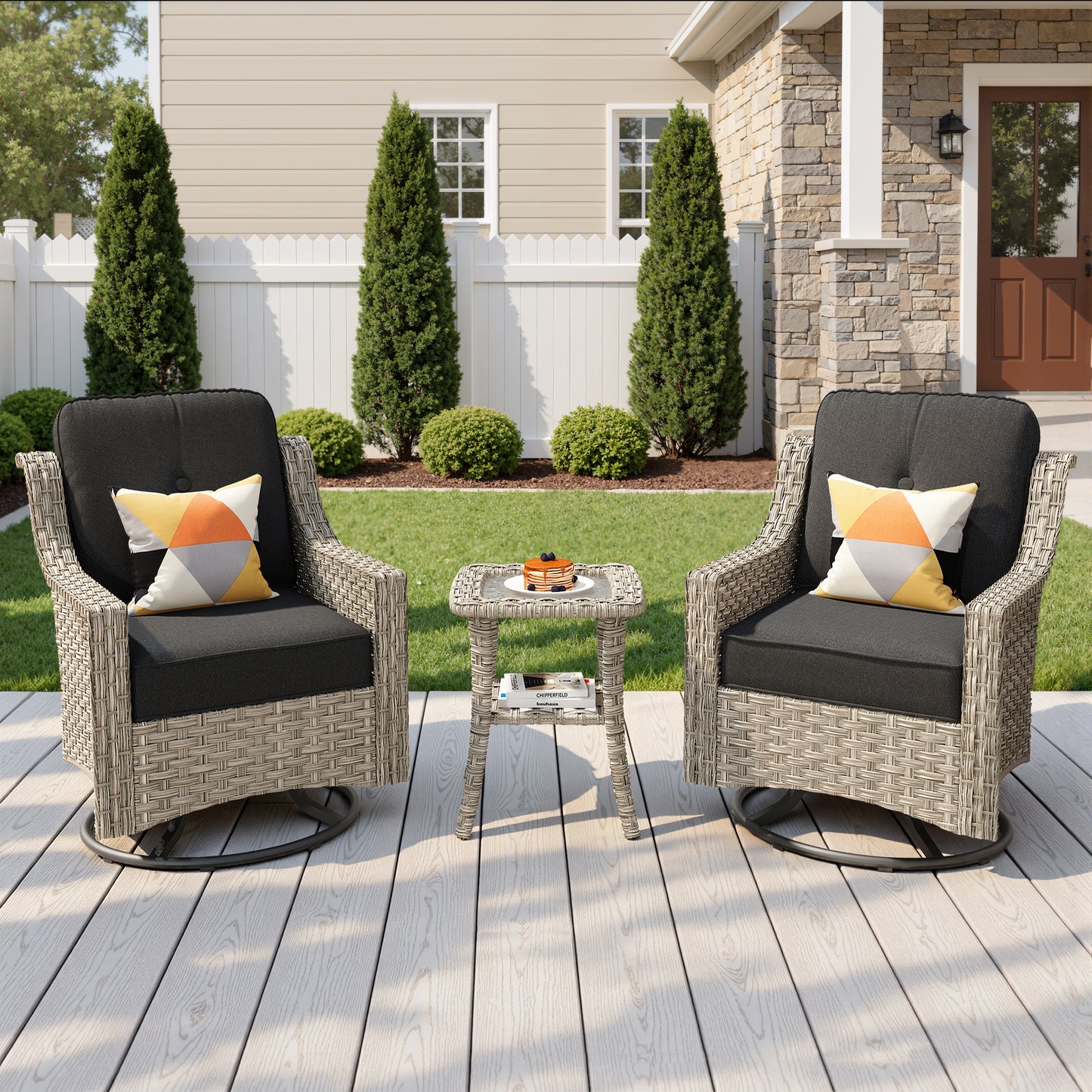 Vcatnet 3 Pieces Outdoor Patio Furniture Wicker Outdoor Swivel Rocking Chairs Set of 2 with Side Table, Swivel Rocker Patio Chairs Set for Porch, Backyard