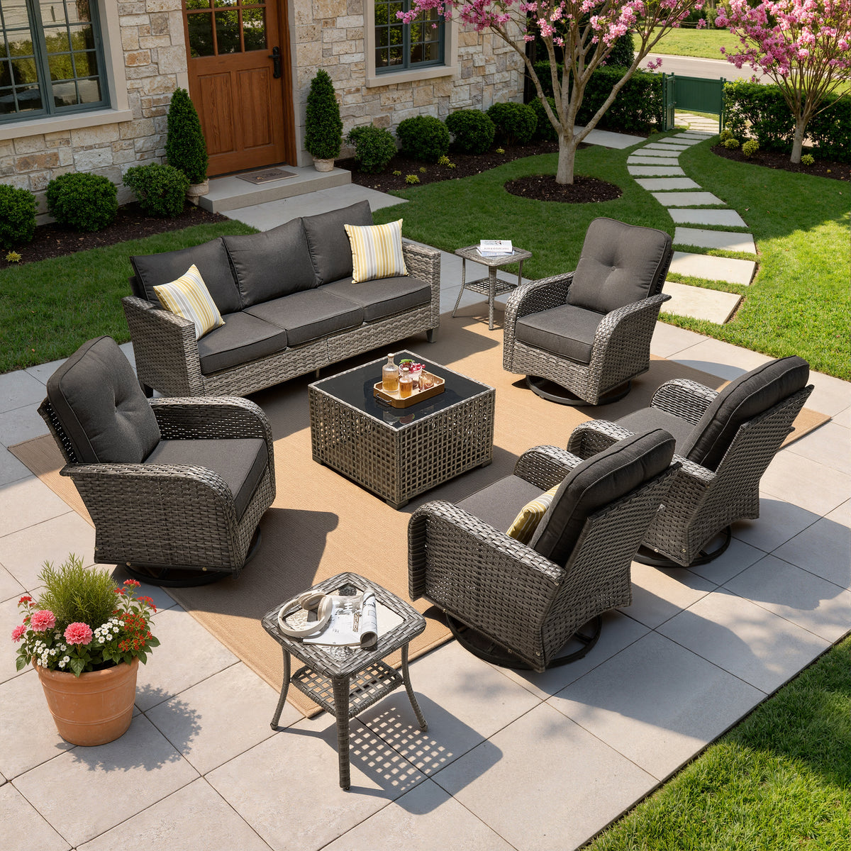 Vcatnet Outdoor Patio Furniture Set 8 Pieces Wicker Sectional Sofa All-Weather Rattan Conversation Set with Swivel Chairs and Coffee Table