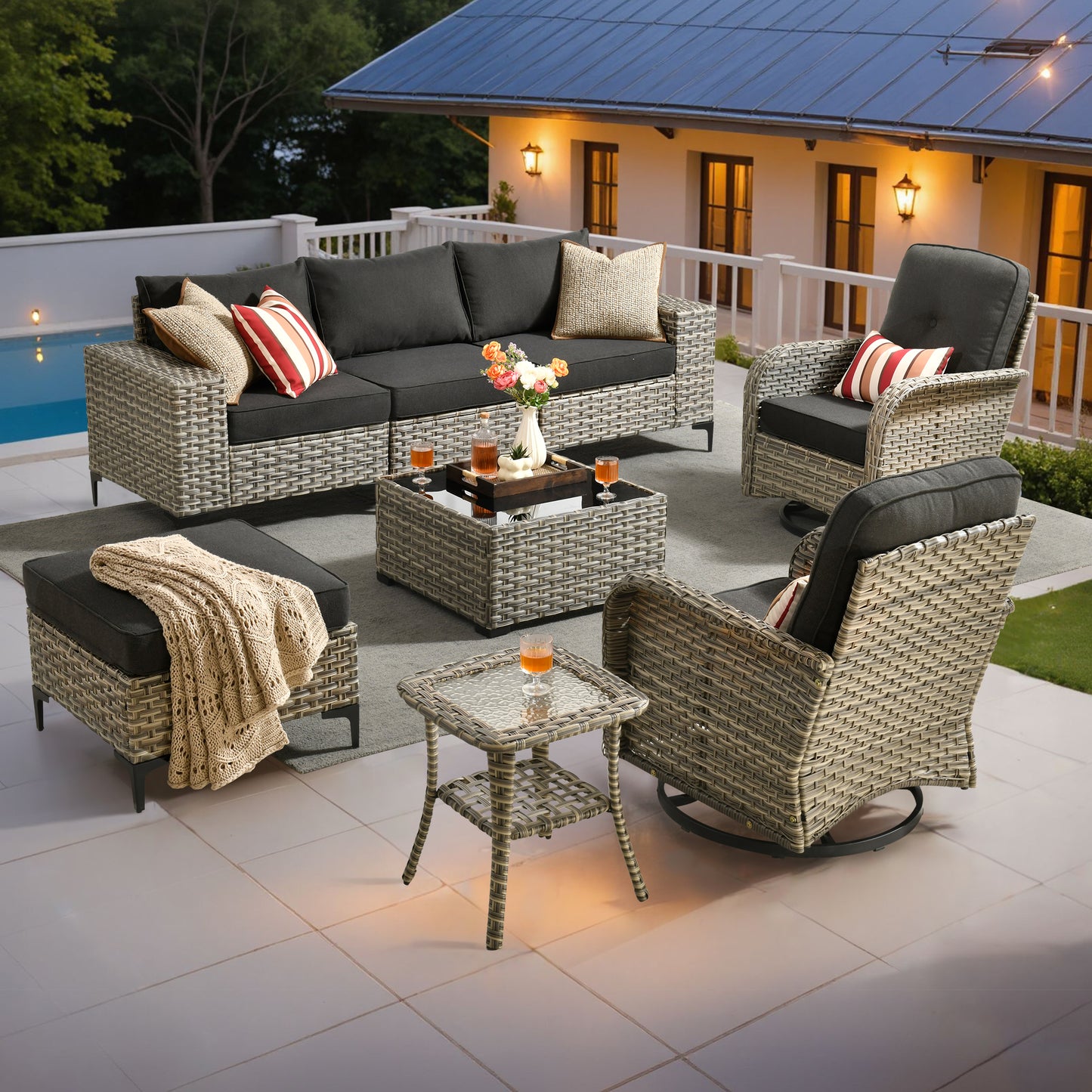 Vcatnet Outdoor Patio Furniture 5 Pieces Wicker Conversation Set Sectional Sofa with Coffee Table and Ottoman