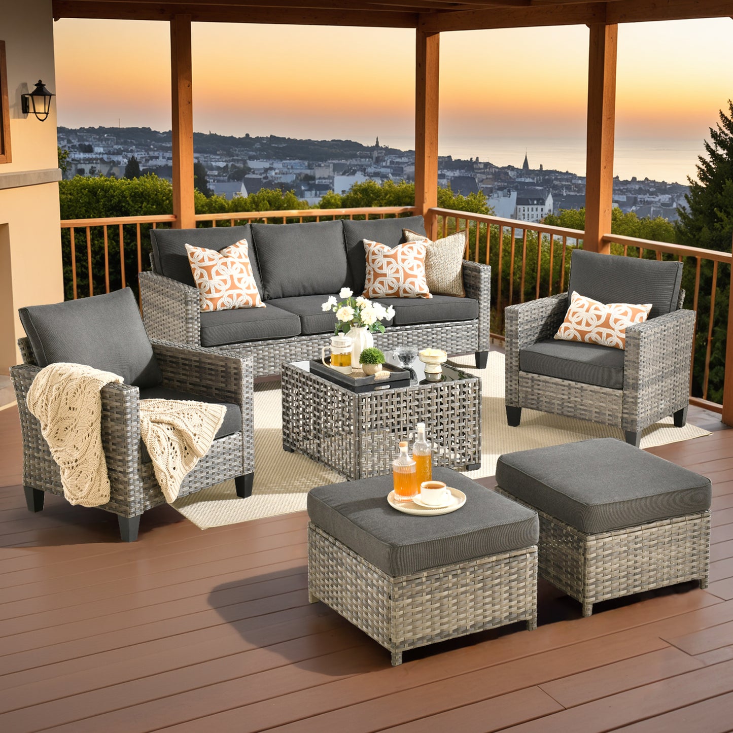 Vcatnet Patio Conversation Set, 5 Pieces Outdoor Sectional Sofa, All Weather Wicker Patio Furniture with Swivel Rocking Chairs and Coffee Table
