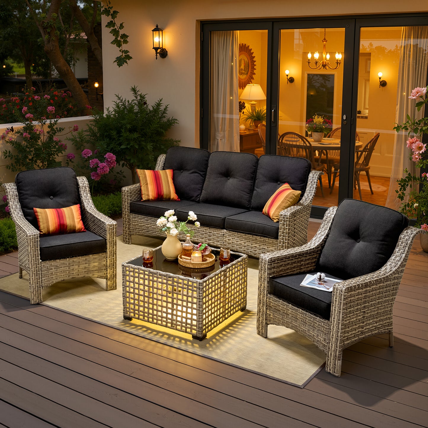 Vcatnet 4 Pieces Patio Outdoor Conversation Set High Back Wicker Rattan Furniture Outdoor Sectionals with Coffee Table